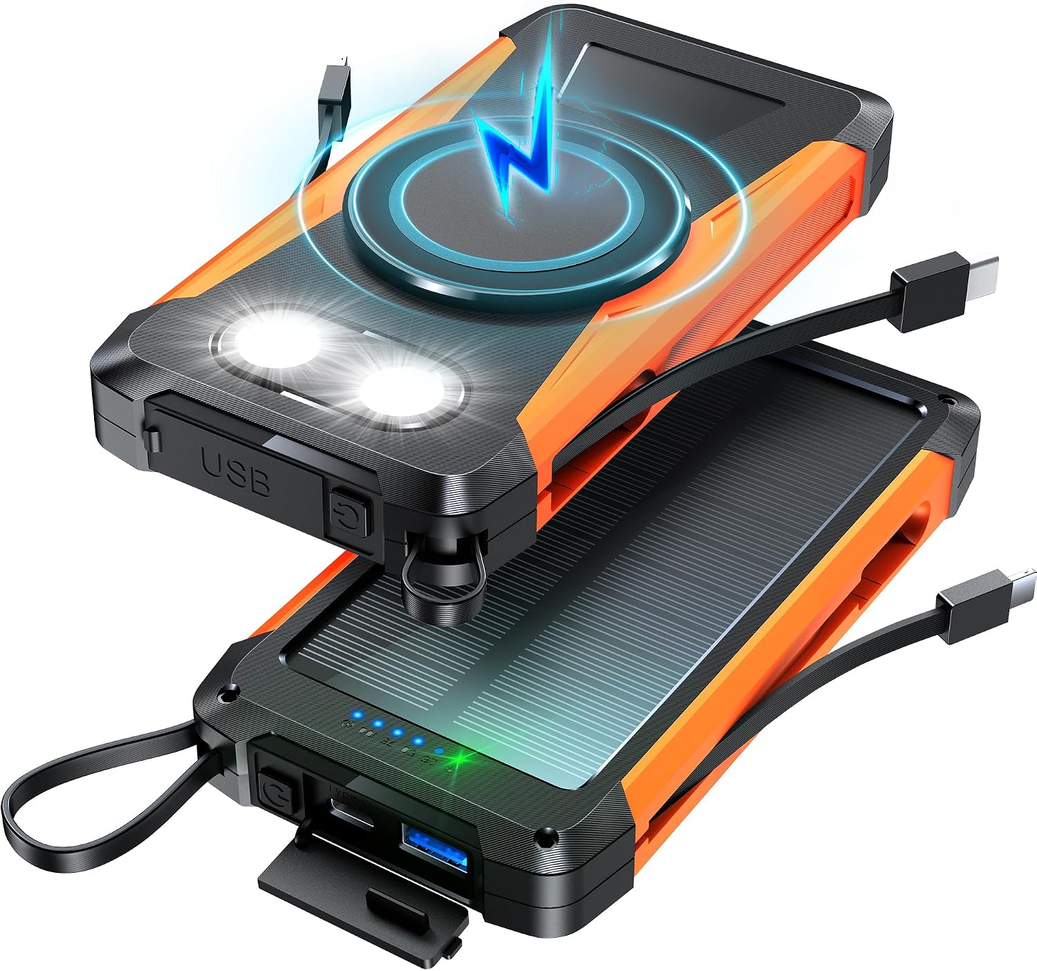Magnetic Power Bank 20000mAh Wireless Portable Solar Charger 22.5W USB C PD QC 3.0 Fast Charging Camping External Battery Pack 5 Output 3 Input,with 2 LED Flashlight for Outdoor (Black orange)