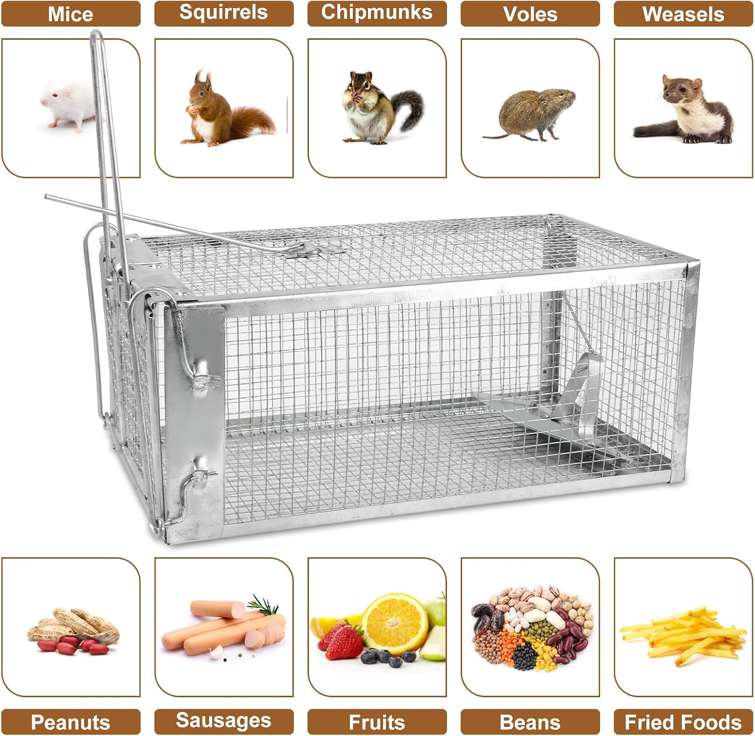 2 Pcs Humane Rat Trap Cage, Galvanized Iron Live Rodent Trap Cage with Detachable U Shaped Rod, Catch and Release Mouse Traps Work for Indoor Outdoor