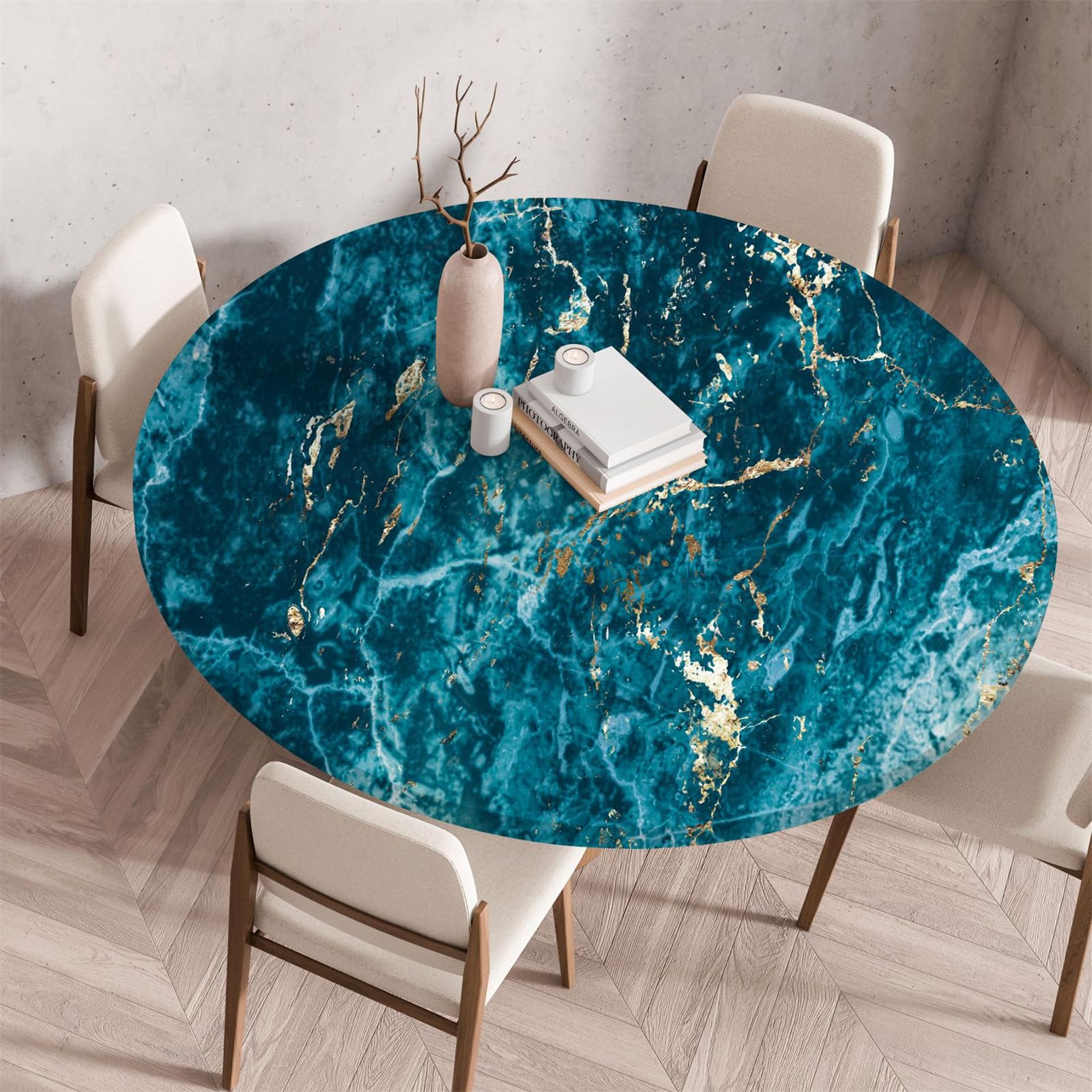 Muiuou Waterproof Elastic Fitted Round Tablecloth, Marble Printing Reusable Waterproof Oil-Proof Round Table Cover Cloth, Fitted Home Decoration Restaurant Picnic (Diameter 130cm,Marble 15)