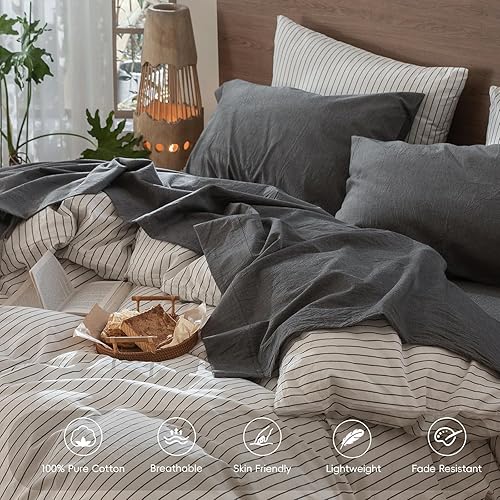 Miniatura 4 de MooMee - Juego de sábanas 100% algodón lavado, textura parecida al lino, transpirable, duradero, suave y cómodo (color gris oscuro, tamaño king)