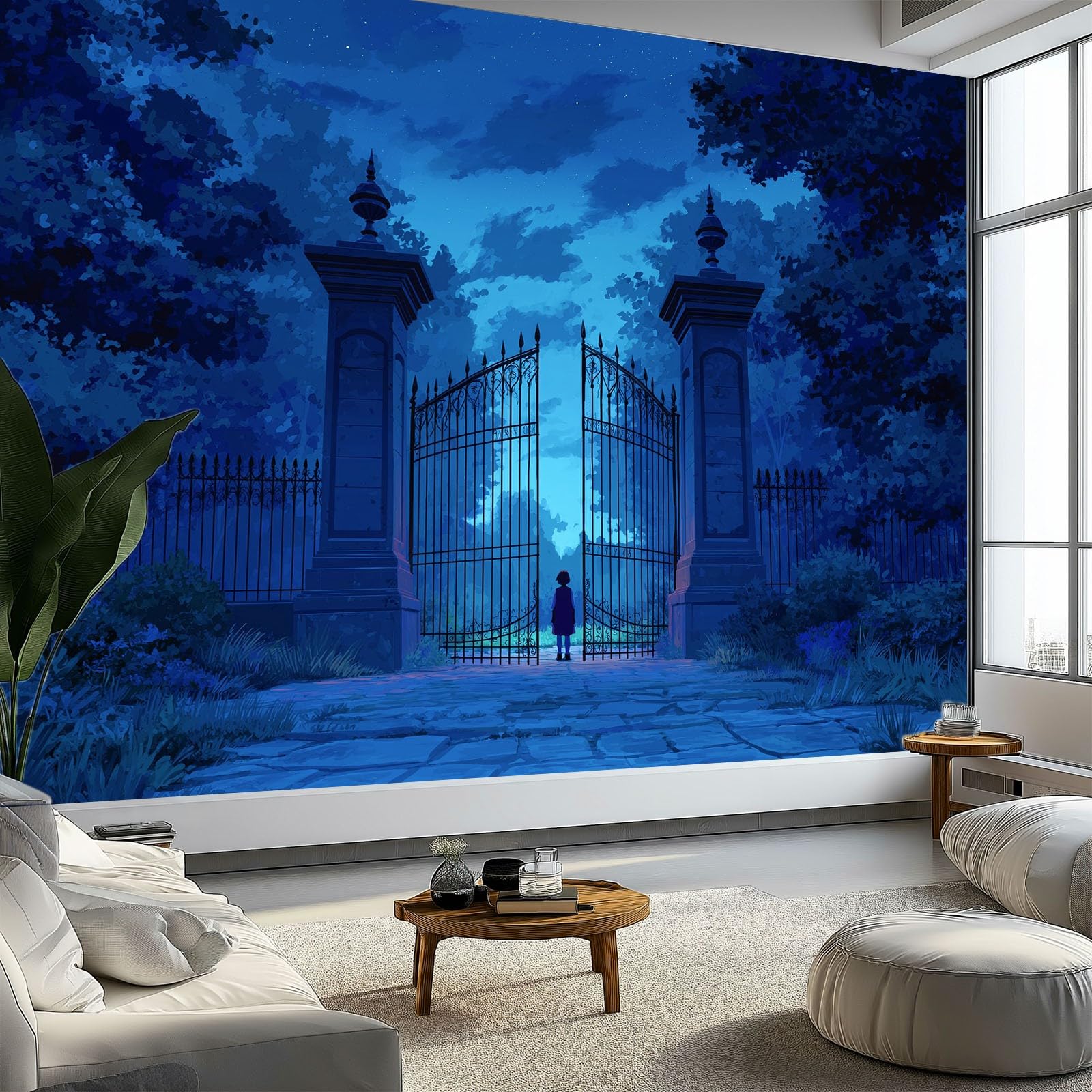 Générique Panoramiczna tapeta animacja las magia filar drzwi 200 x 140 cm wysokiej jakości gobelin ścienny z włókniny - dekoracja ścienna, do pokoju dziecięcego i biura niebieska