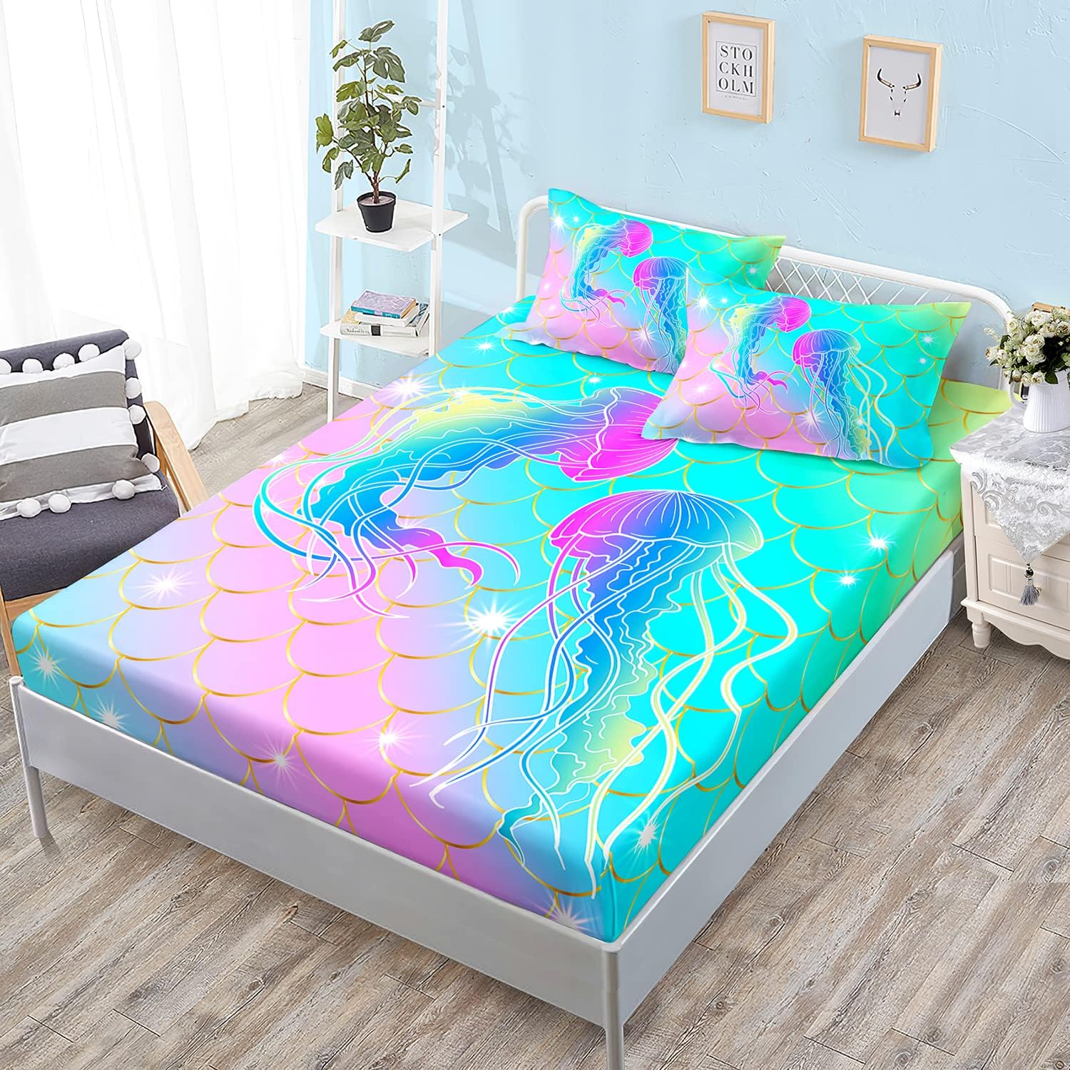 HOSIMA Mermaid Fish Scales Bed Sheets Full,Jellyfish Printed Ocean Animal Rainbow Bedding Glitter Star Themed Fitted Sheet for Girls Kids Room Decor,1 Fitted Sheet + 2 Pillowcases.