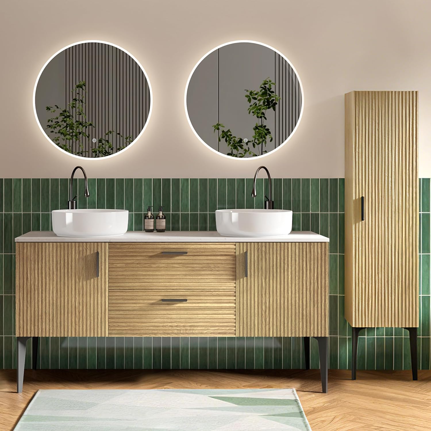 60" Bathroom Vanity with Double Sink and Side Cabinet Combo Set, Modern Double Ceramic Vessel Sink Bathroom Vanity with Soft-Close Drawers & Doors, Engineered Stone Countertop, Natural Oak