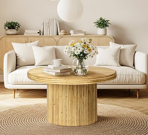 Miniatura 6 de Mesa de centro redonda de ratán, moderna de mediados de siglo, círculo bohemio, única, mesa central rústica para sala de estar