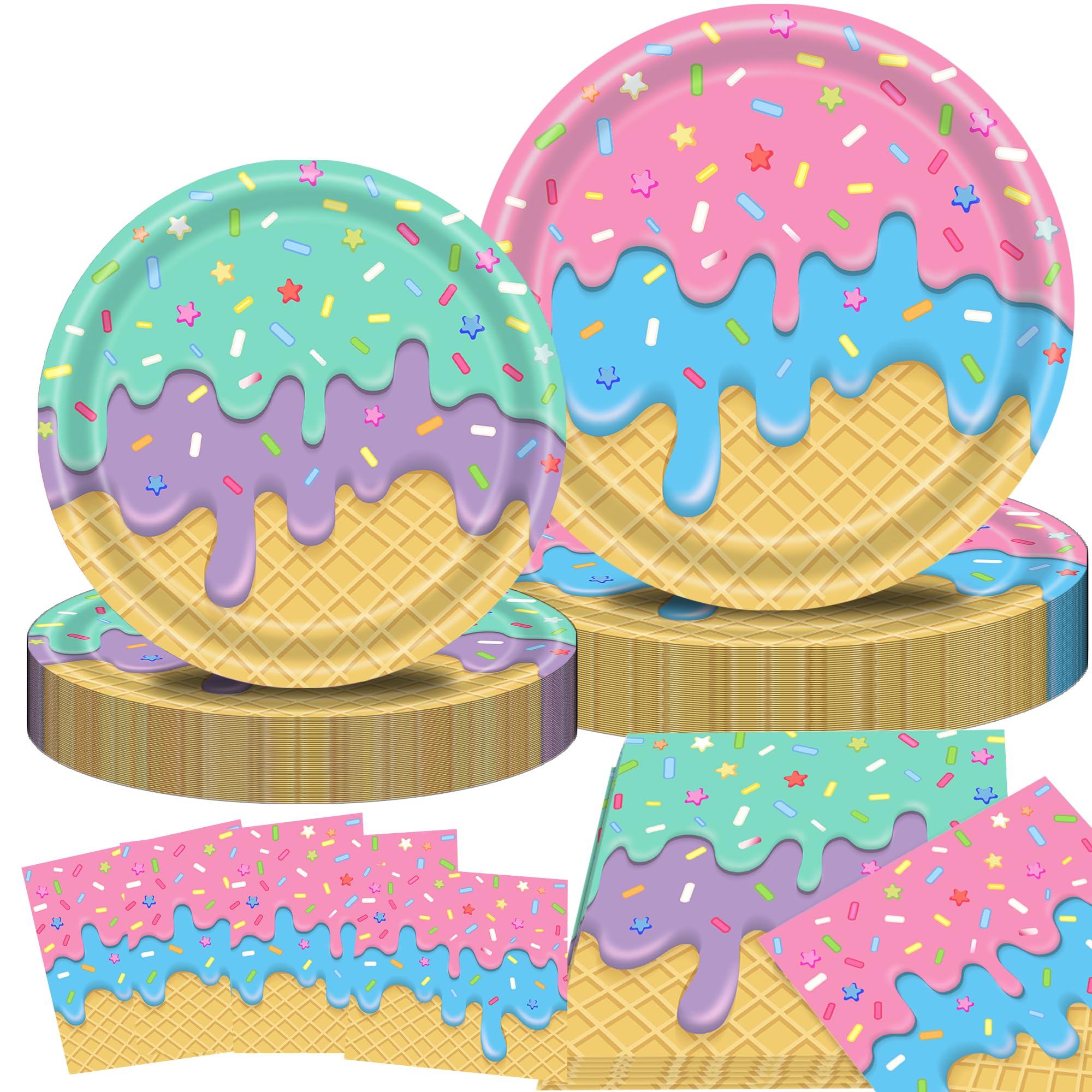 100 PCS Ice Cream Paper Plates and Napkins Ice Cream Tableware Set Party Decorations for Baby Shower Birthday Summer Dessert Party Supplies (Ice Cream)