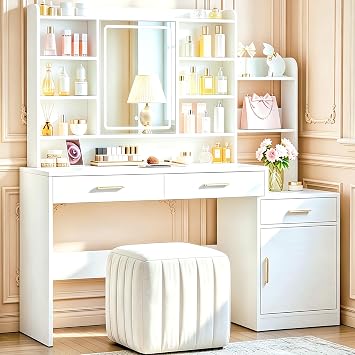 HEXCELEN 51" Vanity Desk with Mirror and Lights, 3-in-1 Makeup Vanity + Nightstand + Cosmetics Organizer, Built-in 2AC+2USB Power Outlet, 9-Tier Shelves, 3-Color Dimmable Lighting, White