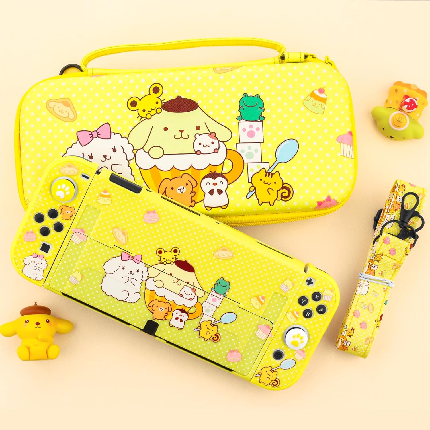HYPERCASE for Nintendo Switch OLED Carry Travel Case Yellow Accessories Bundle, with Switch OLED Console Protective Cover Skin, Screen Protector, Shoulder Strap & 2 Cute Thumb Caps - Pudding Dog - Image 7