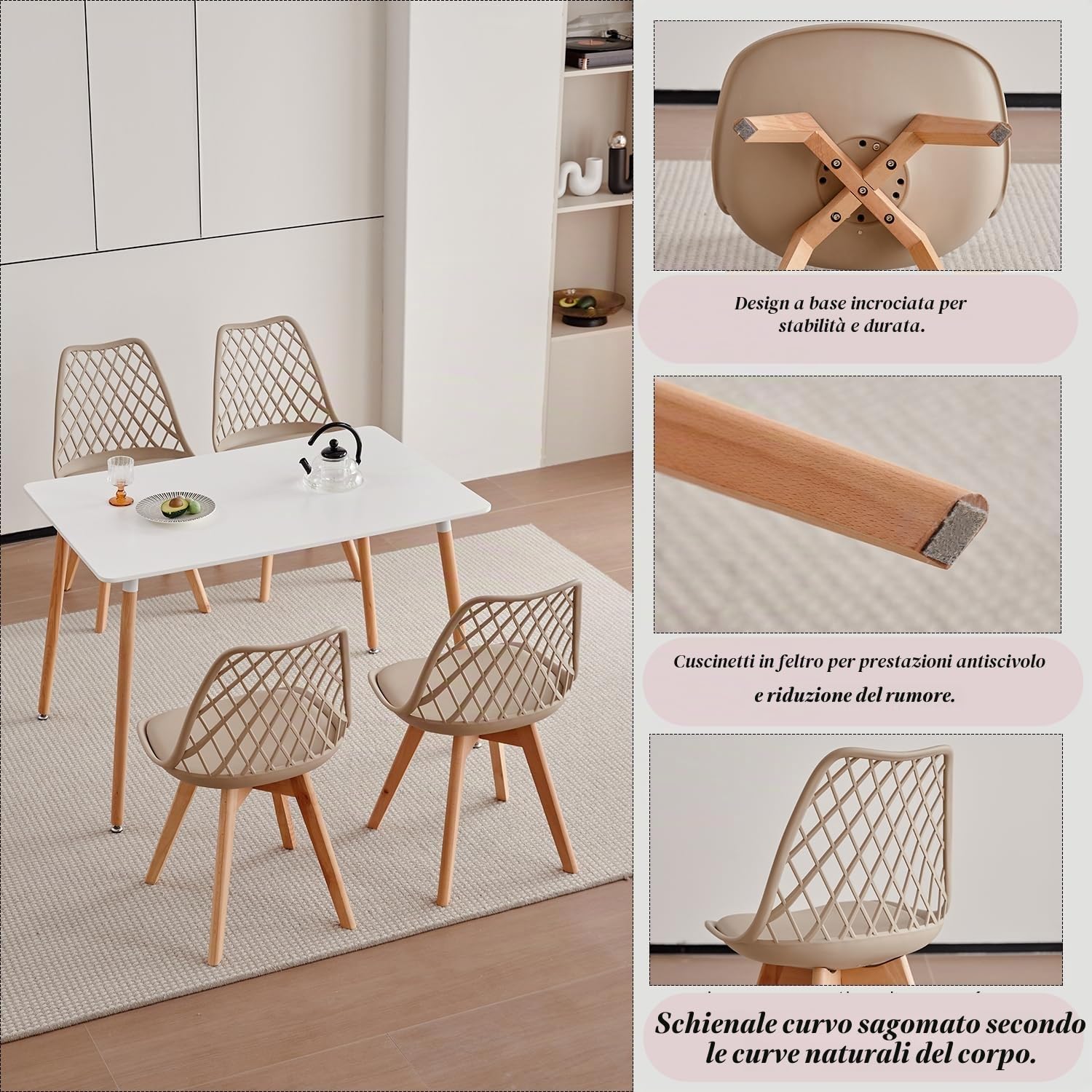 Set di 6 Sedie da Sala da Pranzo, Sedia da Cucina con Schienale in Rete Cava e Gambe in Legno di Faggio, Sedia da Soggiorno con Cuscino Morbido in Pelle PU - Cachi