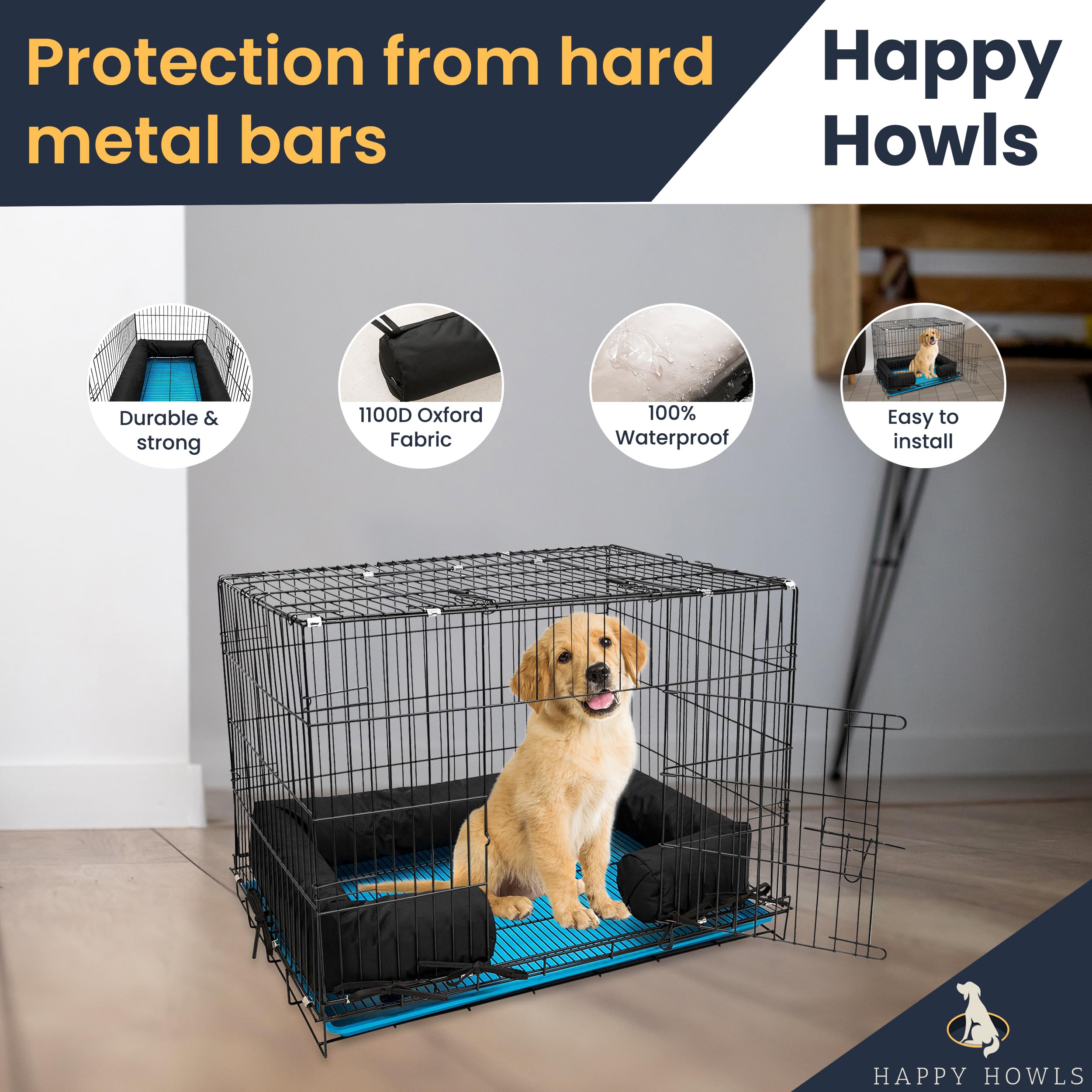 Happy Howls Paraurti per gabbia per cani, in tessuto impermeabile 1100D, con lacci rinforzati e cerniere resistenti, si adatta a cucce per cuccioli di porta anteriore o laterale, copertura rimovibile
