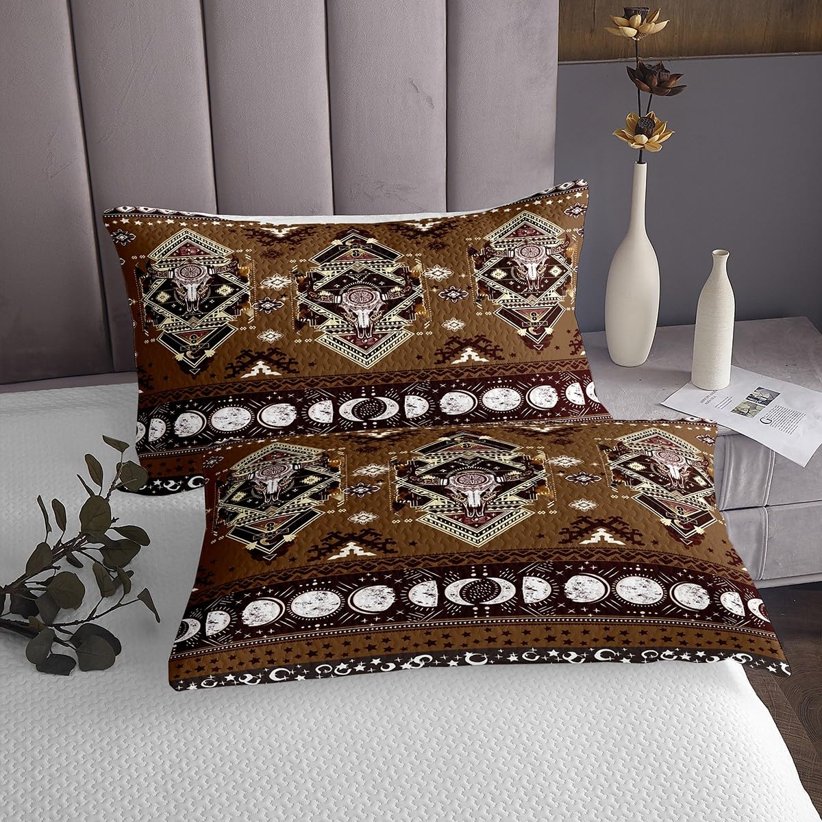 Manfei Rustikale Kuh Schädel Tagesdecke Western Cowboy Bettwäsche Set M Brown Aztec Tribal Coverlet Quilt