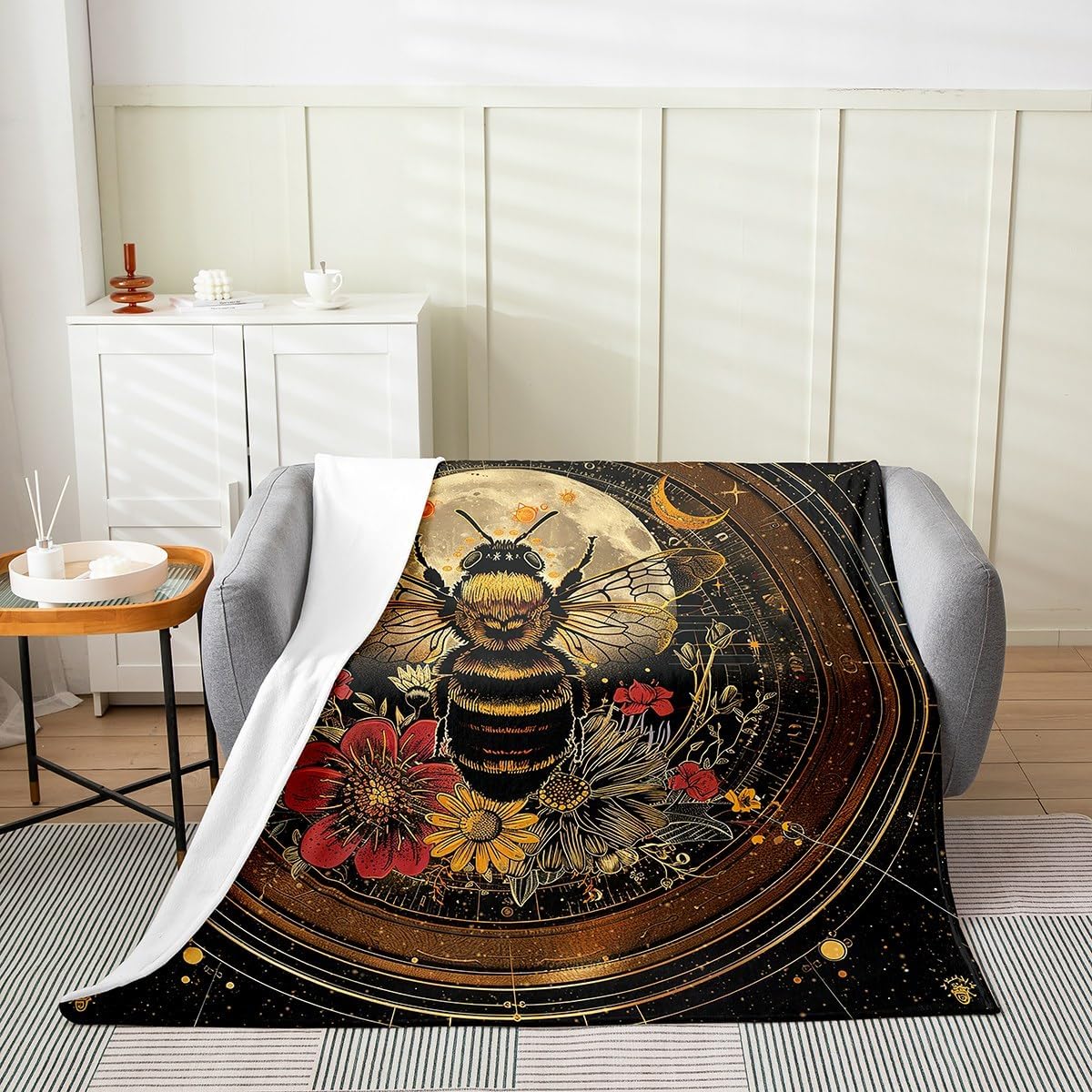 Bee Red Floral Fleece Blanket,Starry Moon Exotic Galaxy Golden Black Bed Blanket for Kids Teens,Boho Tribal Animal Natural Flannel Blanket for Room Decor,Queen 90"x90"