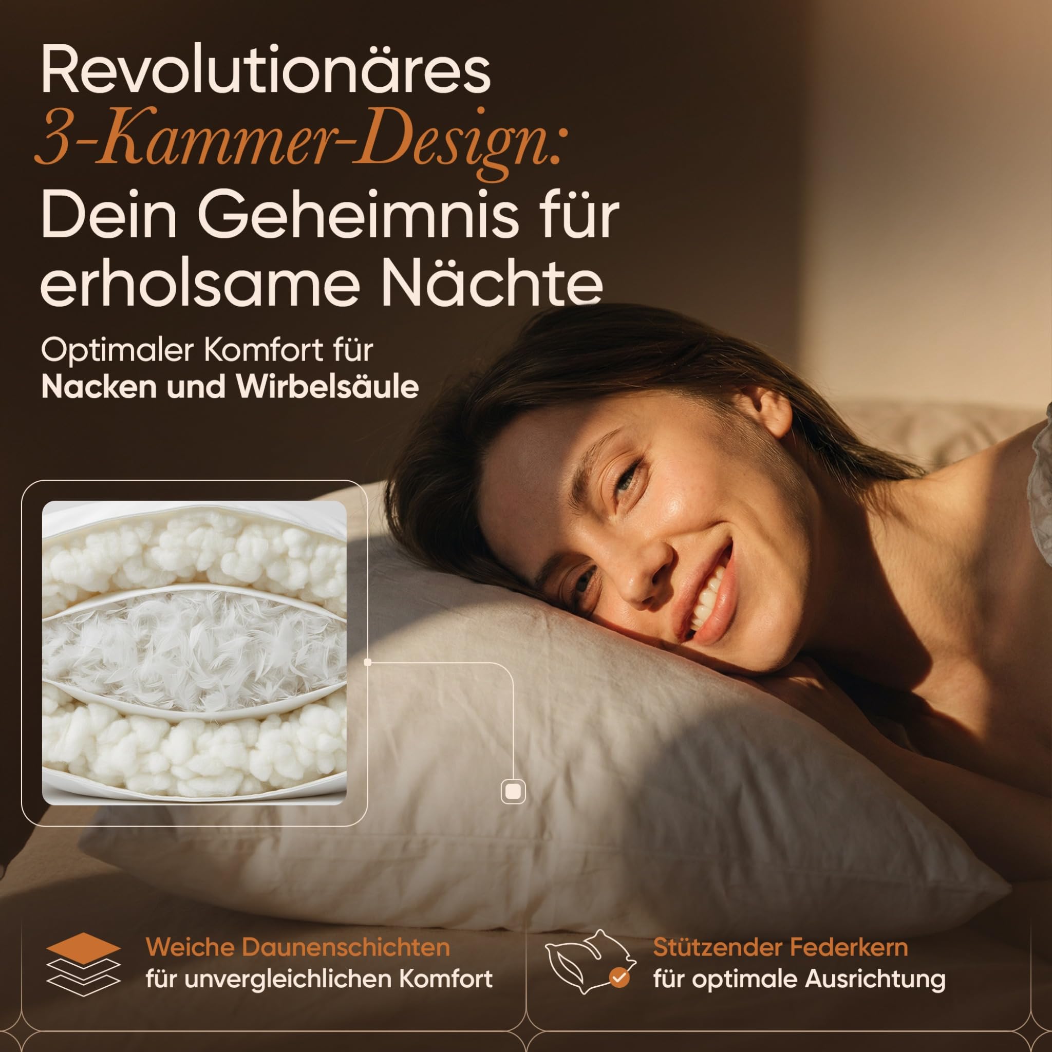 BEFA NATUR Daunenkissen 80x80 cm | 3-Kammer Kopfkissen | 90% Daunen & 10% Federkissen | 1400g Füllgewicht |Allergiker geeignet (NOMITE) | Tierwohl (DOWNPASS) | Oeko-TEX Klasse 1 | Made in Germany