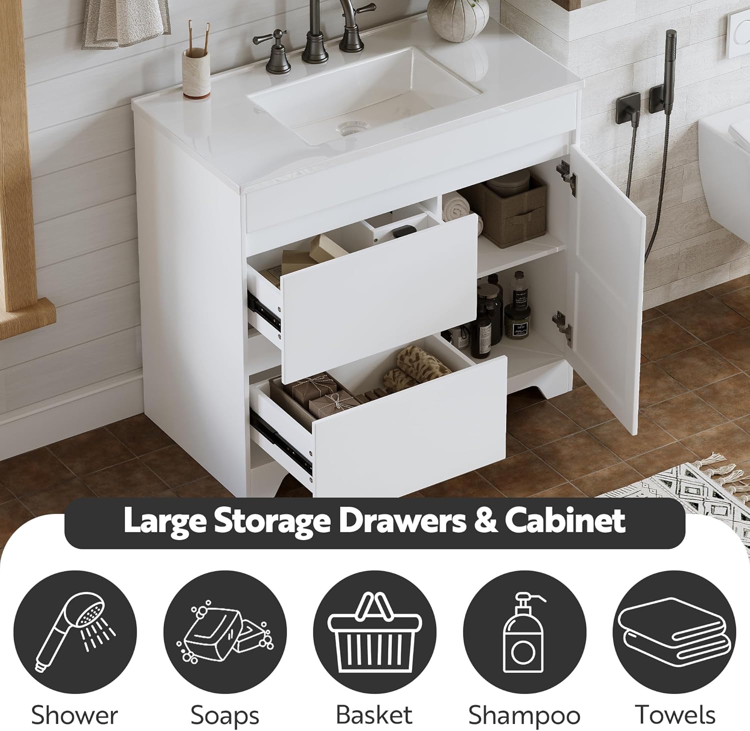 HOPUBUY 37" Bathroom Vanity with Ceramic Sink,Farmhouse Bathroom Storage Cabinet with 2 Drawers and 2-Tier Cabinet,Freestanding Under Sink Cabinet Modern Bathroom Vanities for Small Space, White