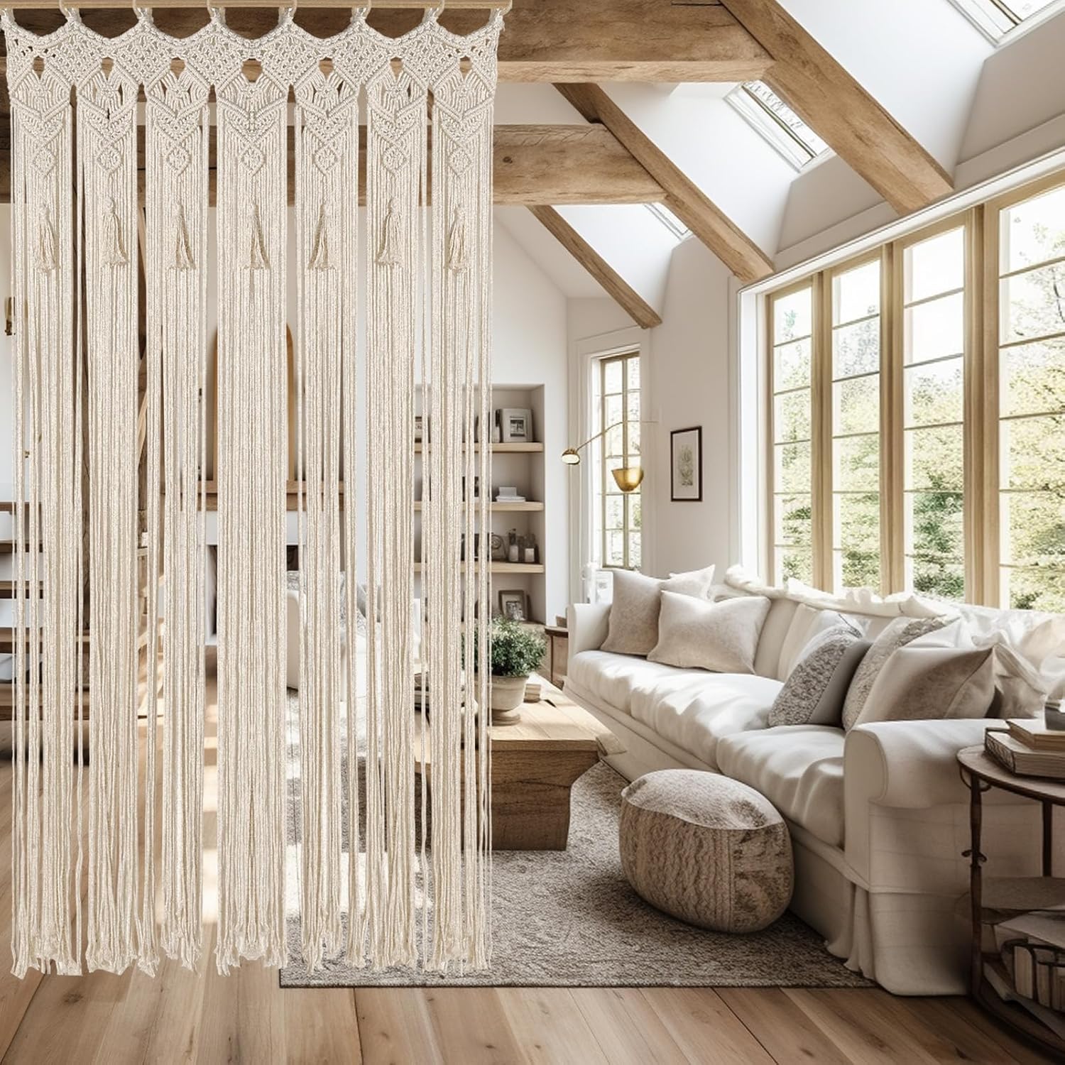 Boho Macrame Curtain Handmade String Curtain with Tassel Large Macrame Wall Hanging Room Divider for Living Room Bedroom Bohemian Home Wedding Party Decor, 1 Panel 79" L x 35" W