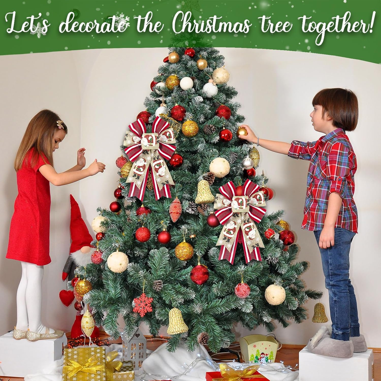 2 Pack Christmas Wreath Bows Christmas Decor Bow Red Santa Stripes Buffalo Plaid Ribbon Bow for Wreath, New Year Tree Topper Bows for Xmas Party Decor Indoor Outdoor Ornament Supplies - Image 4