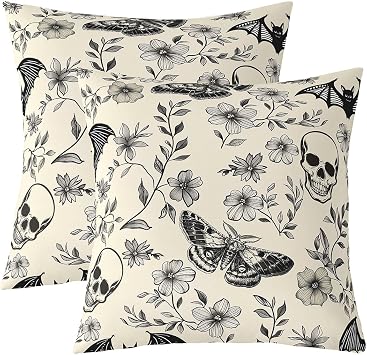 Gothic Skull Throw Pillow Covers Set of 2 Boho Moth Square Cushion Covers Floral Flower Pillow Case Spooky Halloween Cushion Case for Couch Sofa Bedroom Decor 20 x 20-Inch