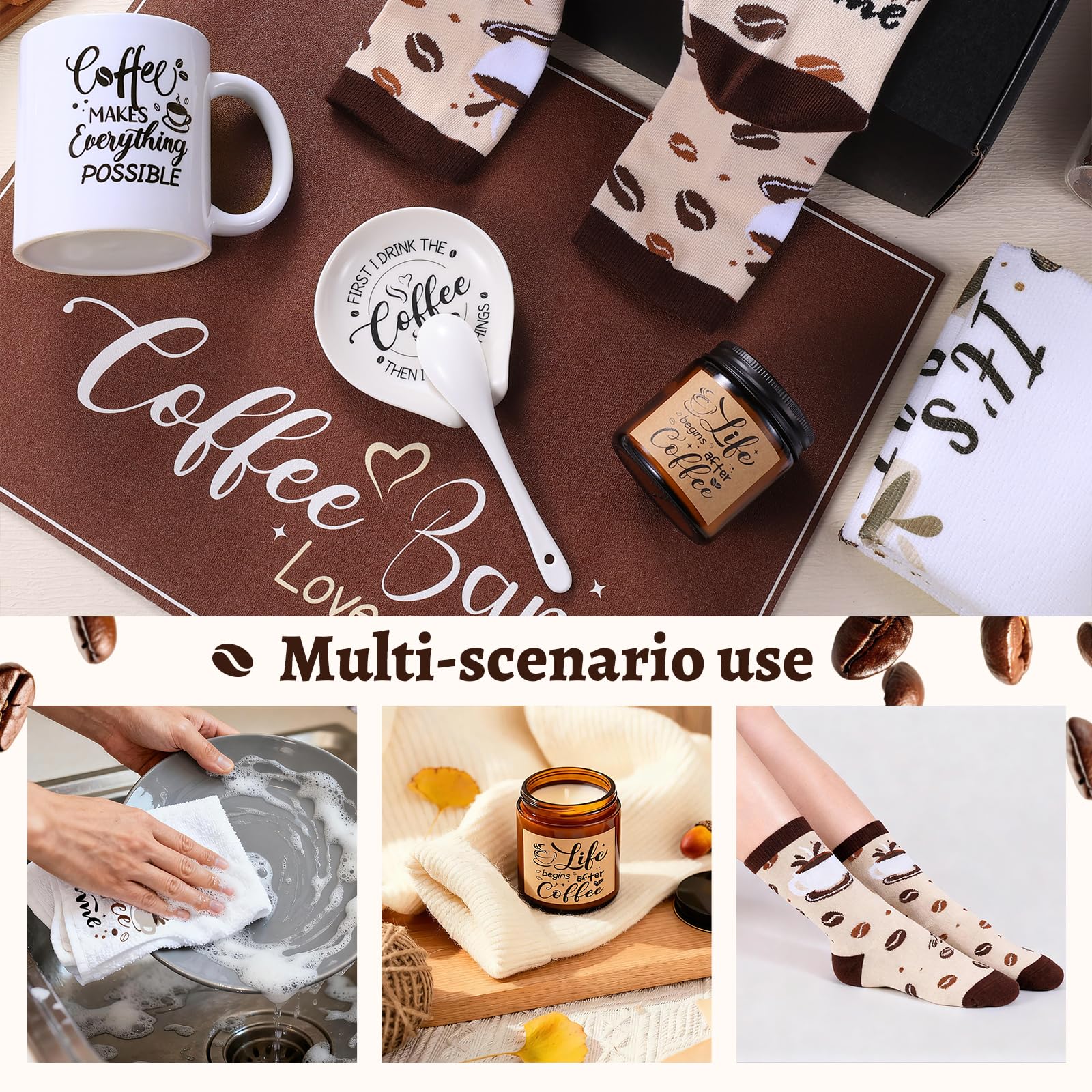 Coffee Lover Gifts, Coffee Gift Basket Set Includes Mug Spoon and Spoon Rest Towel Scented Candles Drying Mat Socks Birthday Christmas Gift Ideas for Women Men