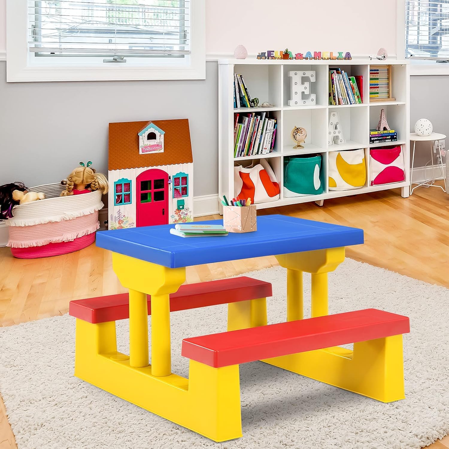 GOPLUS Kindersitzgruppe Outdoor, Picknicktisch mit Sonnenschirm, Picknickset mit Tisch & 2 Sitzbänke, Kinder Gartenmöbel, Sitzgruppe wetterfest, Kindermöbel für Garten & Hinterhof (Rot-Blau-Gelb)