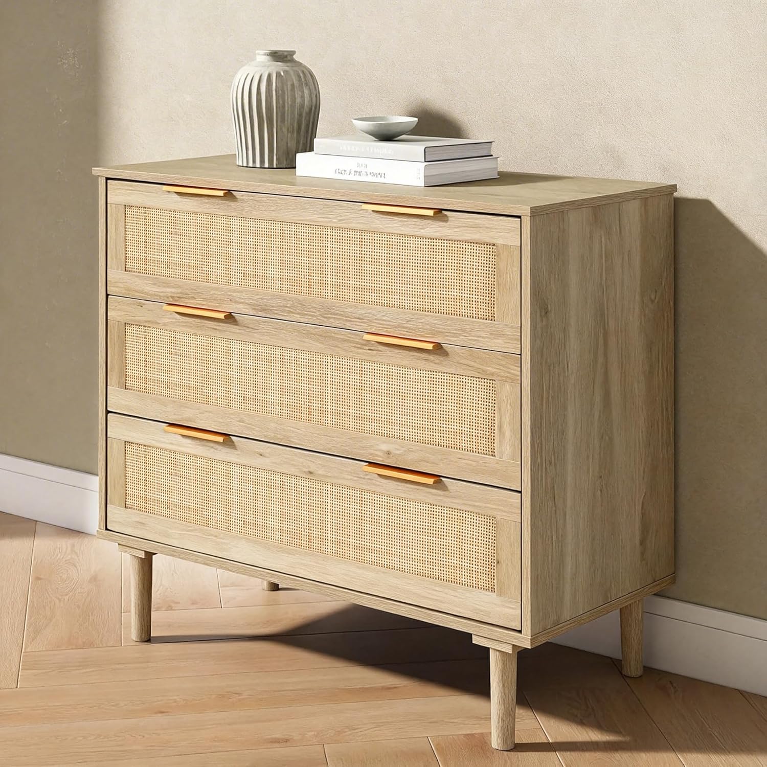 HOPUBUY Large Nightstand with Rattan Drawer, Modern 3 Drawer Night Stand for Bedroom, Wooden Bedside Table for Queen Size and King Size Bed,Oak