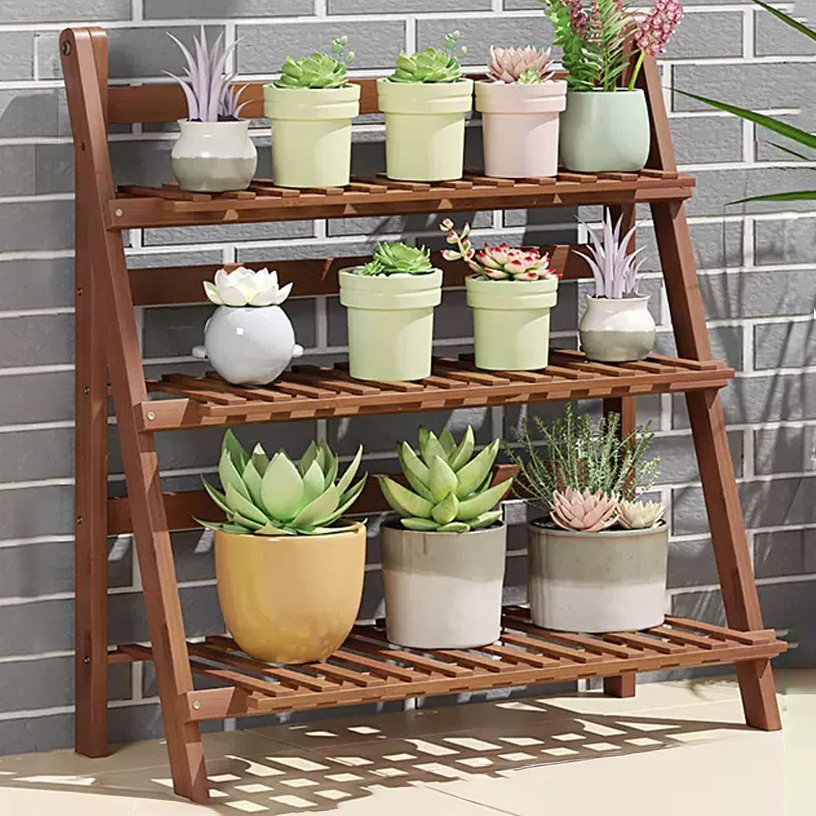 Support pour plantes pliable en bambou brun à 3 niveaux 100cm pour balcon