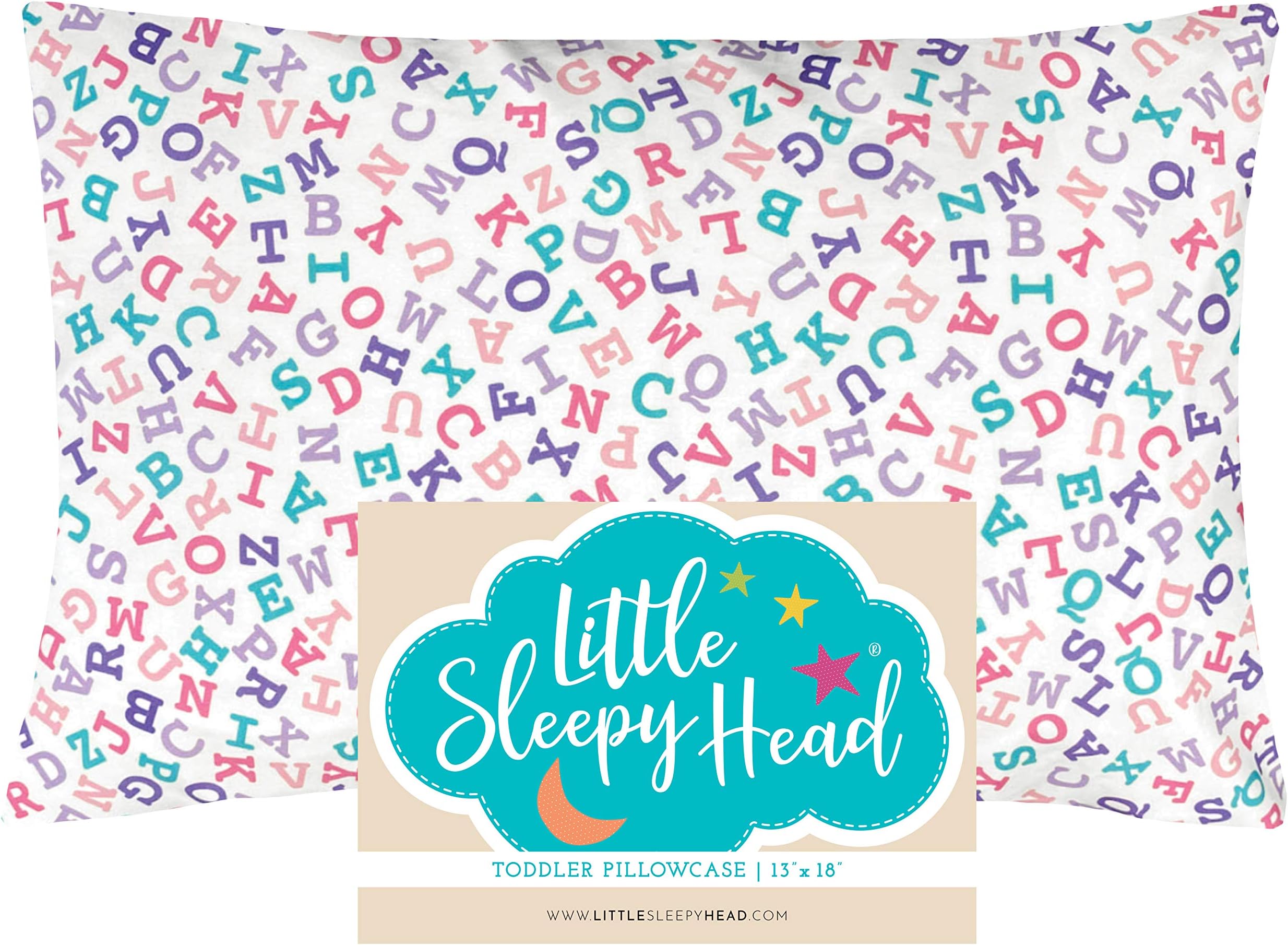 Little Sleepy Head Toddler Pillowcase, 100% Cotton & Hypoallergenic Pillow Case for Toddler Pillow, Snug Fit Envelope Pillowcase, 13x18 Pillowcase, Pilllow Sold Separately (Cotton Candy Alphabet)