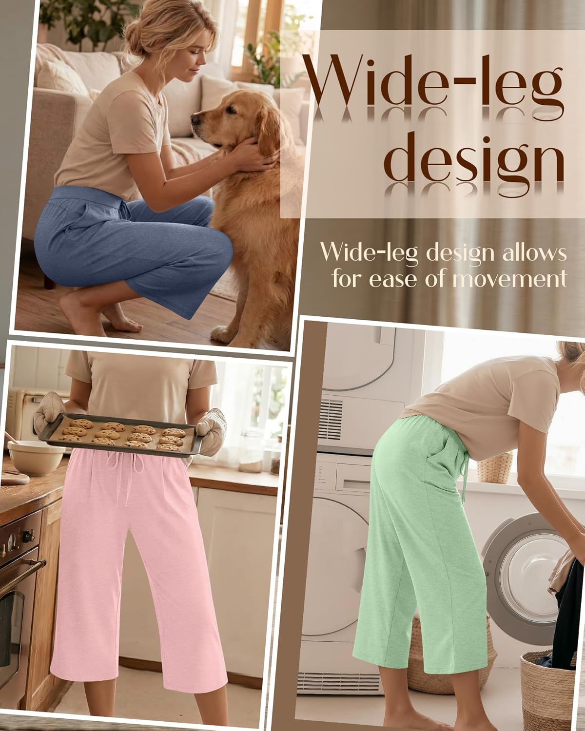 Locoowai 3 Pack Women's Capri Pants Casual Wide Leg Yoga Pants High Waist Drawstring Cropped Lounge Sweatpants with Pockets