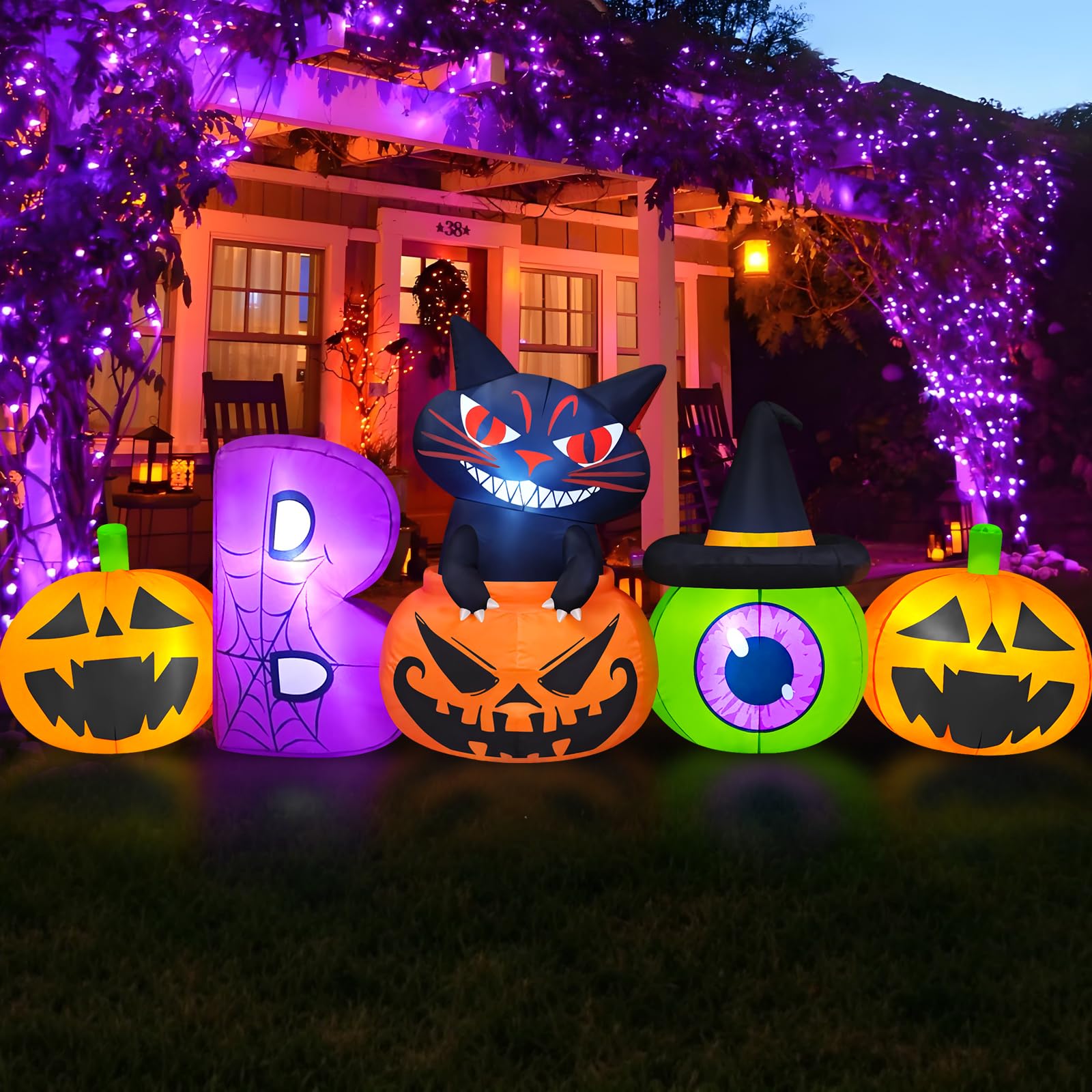 Danxilu 8FT Halloween Inflatable BOO Scene with Black Cat Outdoor Decor