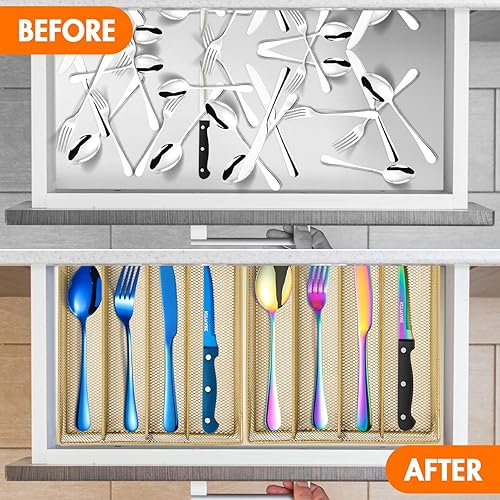 Miniatura 5 de Kitware Organizador de cajones de cubiertos, utensilios de cocina de oro de malla de metal, sala de estar dormitorio belleza artículos divisores