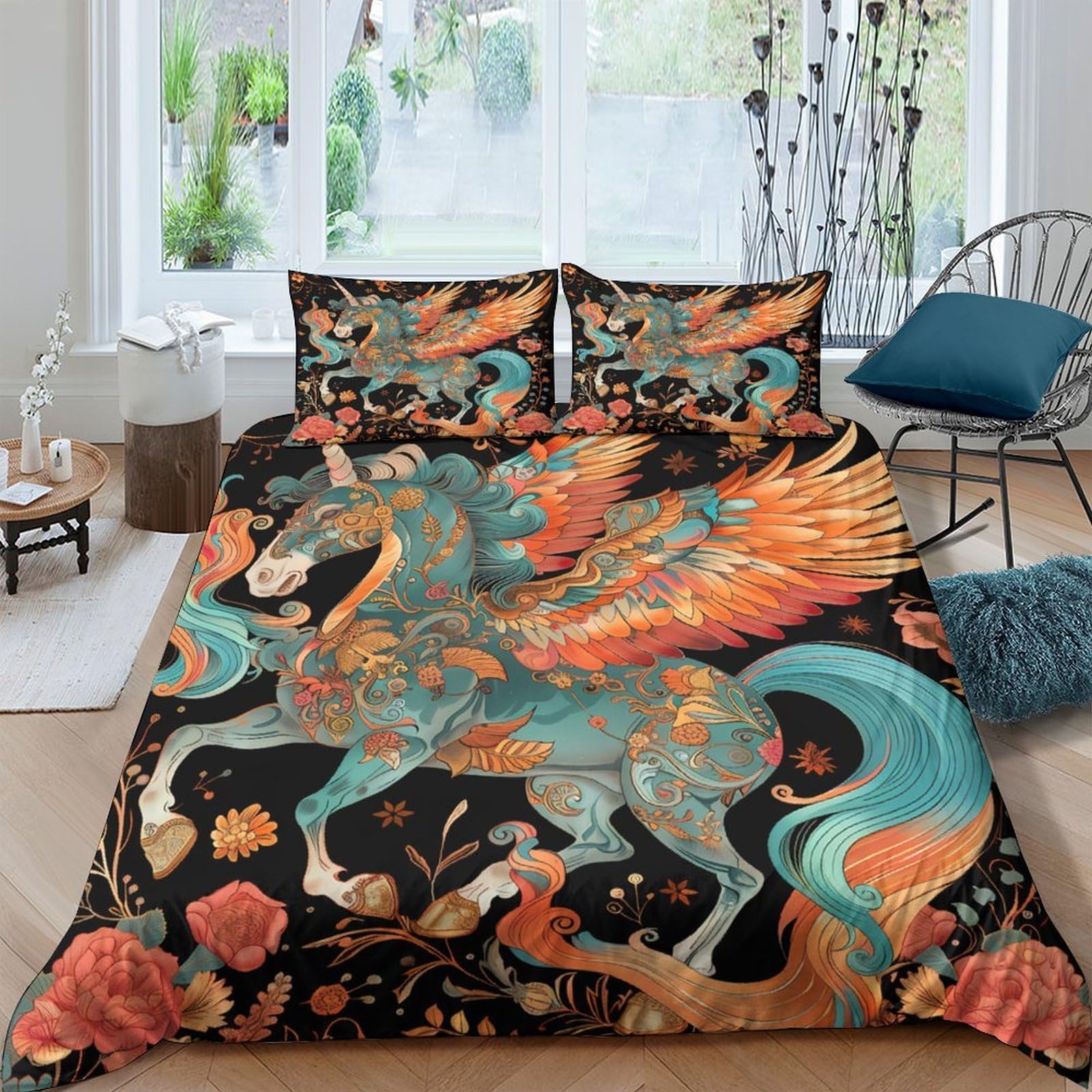 Ctjqhvkz Style-6 3D Printed Fantasy Pegasus Fitted Sheet Microfiber Orange Turquoise Mythical Bed Cover For Bedroom Dorm Decor Single（135X200cm）