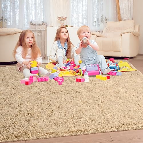 Miniatura 2 de Keeko Alfombra mullida beige de 3 x 5 pies, bonita alfombra de pelo largo para dormitorio, alfombras peludas de pelo alto para sala de estar,