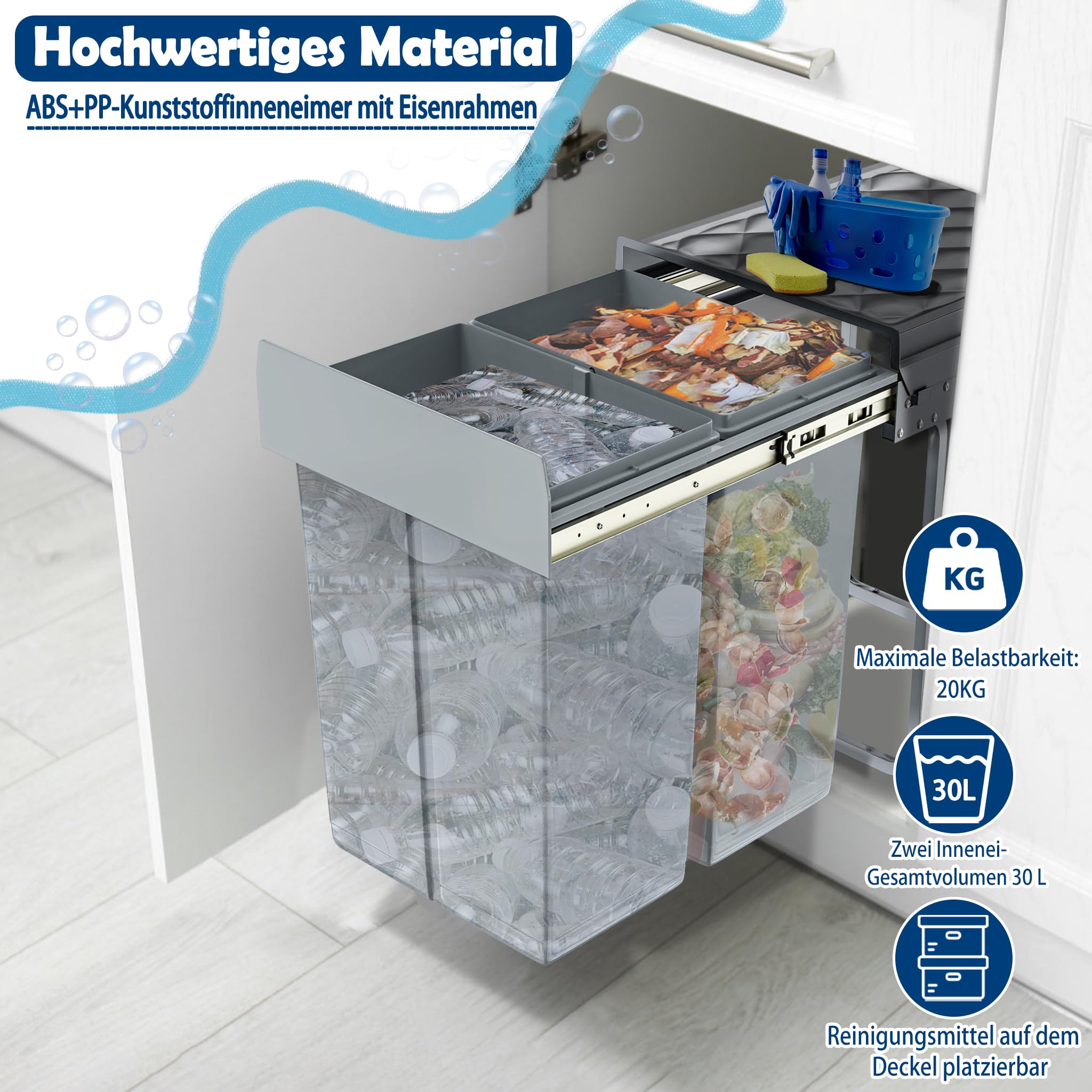 Grau 2 x 15L Einbaumülleimer Mülltrennsystem Ausziehbar Mehrfachbehälter Abfallsammler Schrankmülleimer Geruchsdicht Komfortabler Zugang für Küche 48x34x35cm