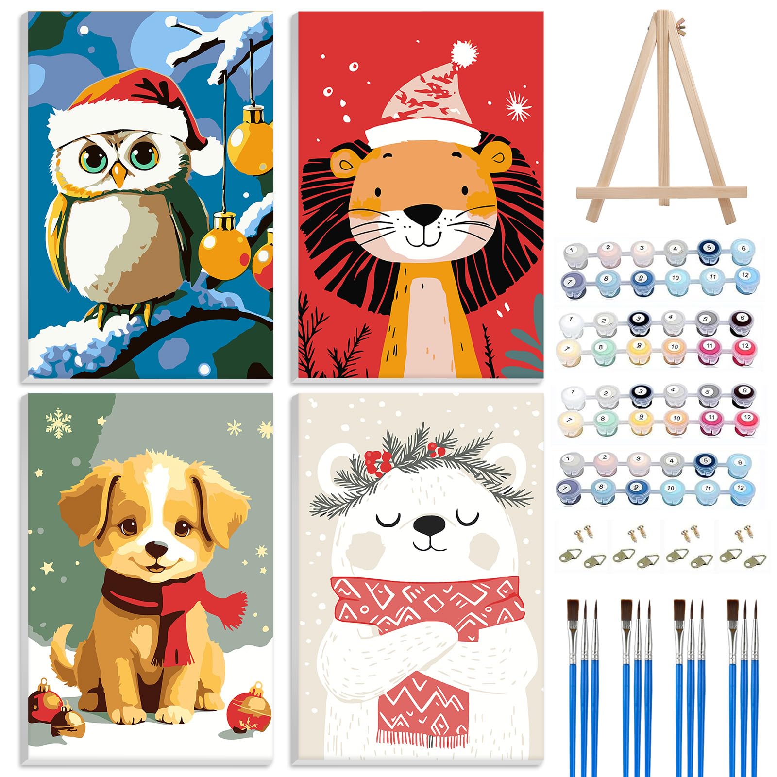 Jawecci 4 Pack Christmas Framed Animals Paint by Numbers Owl Lion Kit for Adults - Dog Bear Paint by Numbers Kits on Canvas with Accessories for Gifts Home Decor 8X8 Inch