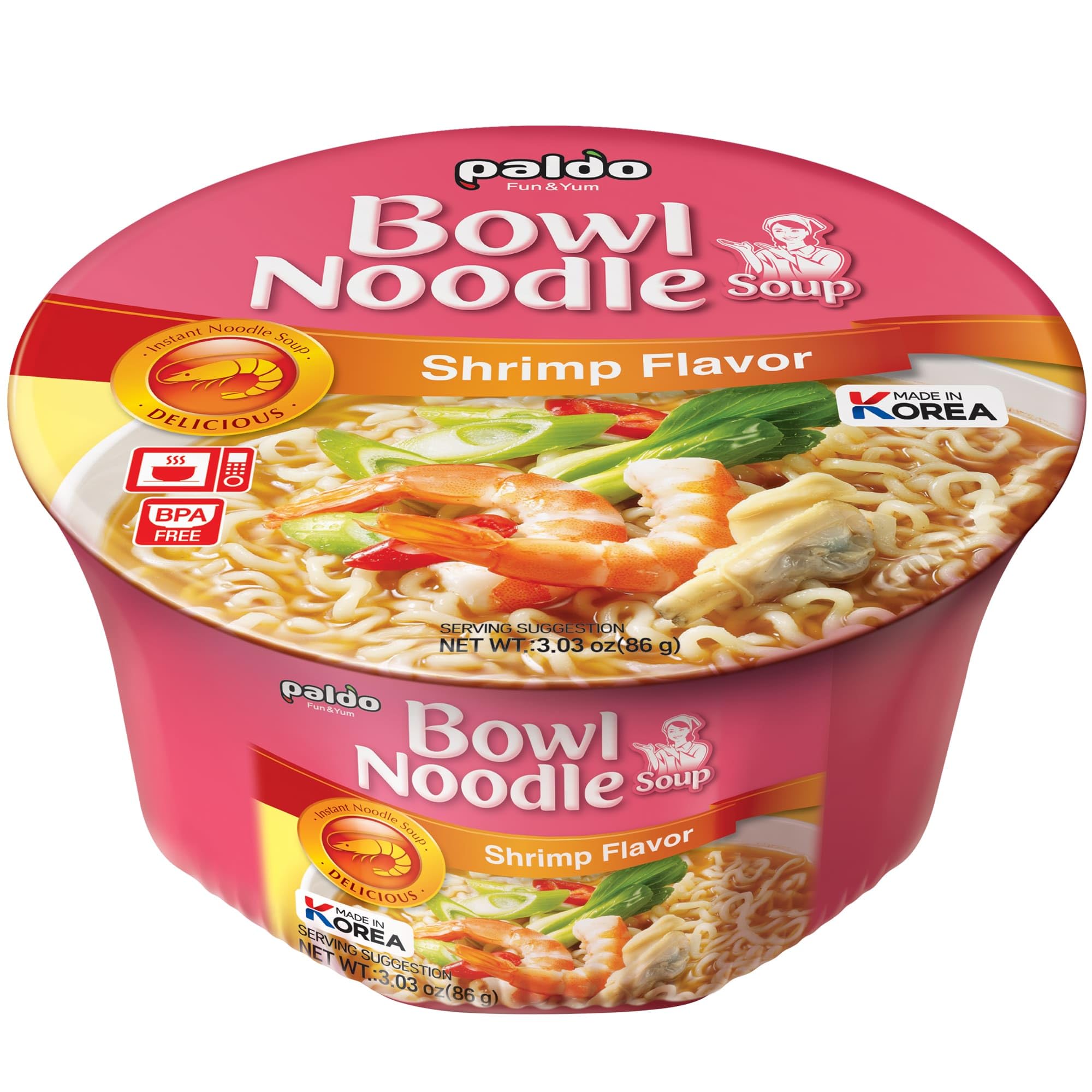 Paldo Fun & Yum Instant Cup Noodle Soup Bowl with Seafood Shrimp Flavored Broth, Pack of 12, Best Oriental Style Korean Ramyun, Most Loved Korean Noodles, 팔도 새우 사발면 86g (3.03 oz) x 12