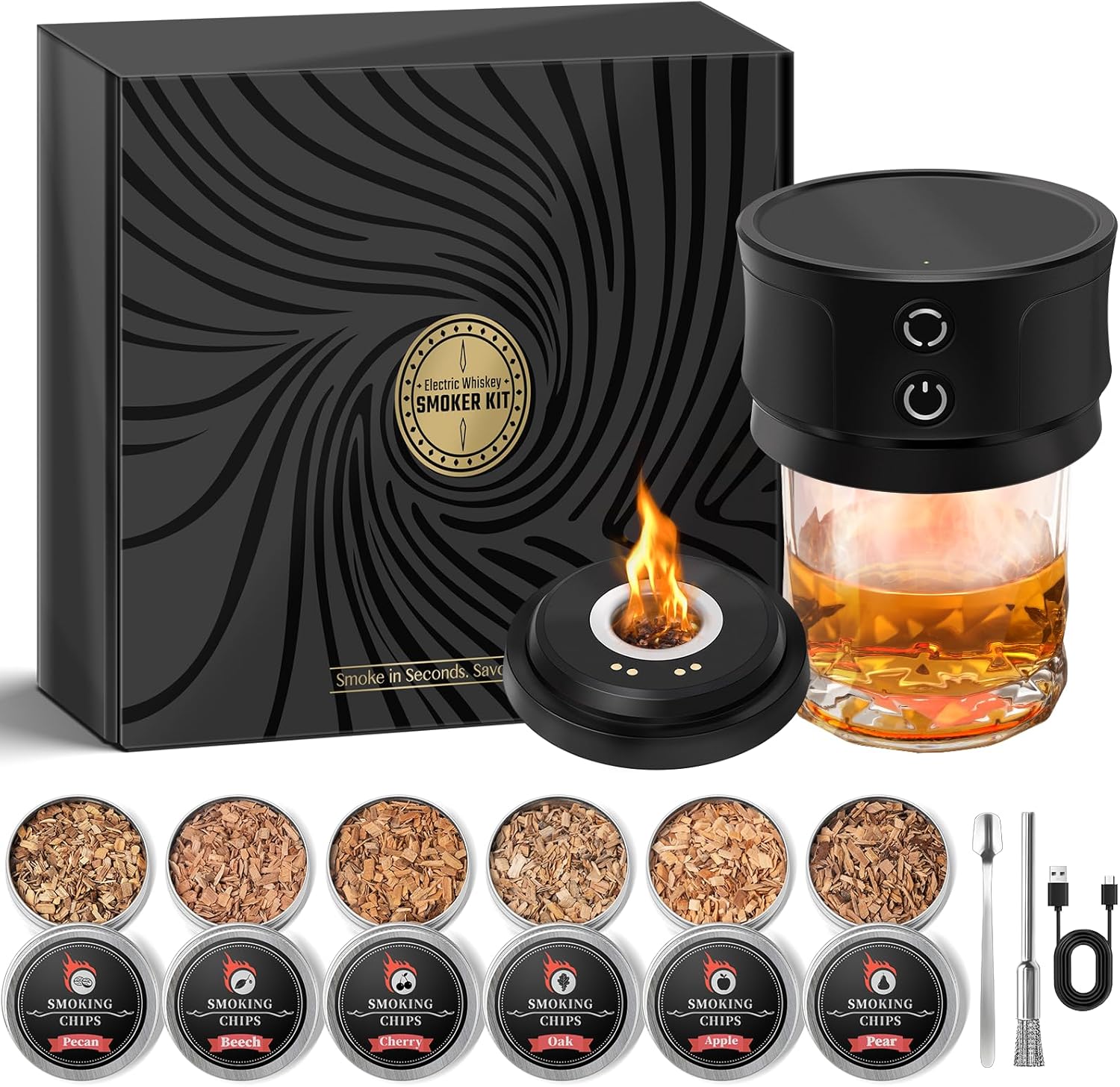 Electric Whiskey Smoker Kit with Lights: Cocktail Infuser with 6 Wood Chips for Whiskey Bourbon Lovers - Old Fashioned Drink Smoker Kits for Drink Mixing Home Bar Party - Christmas Gifts for Dad Men