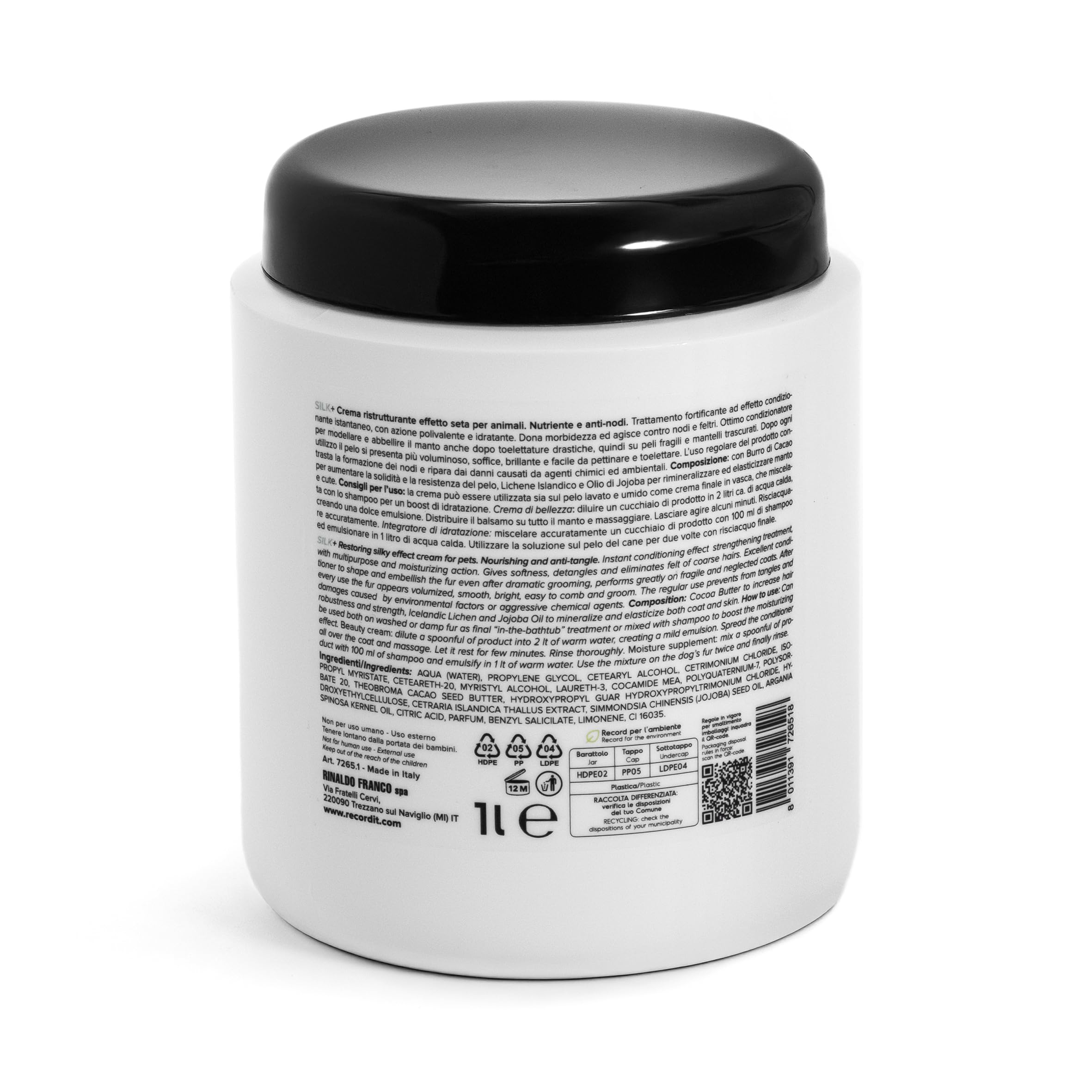 Record Charme Silk+ Crema Ristrutturante per Cani, effetto seta. Crema nutriente antinodi con Burro di Cacao e Olio di Jojoba. Protegge il pelo da smog e raggi solari, Made in Italy da 1L