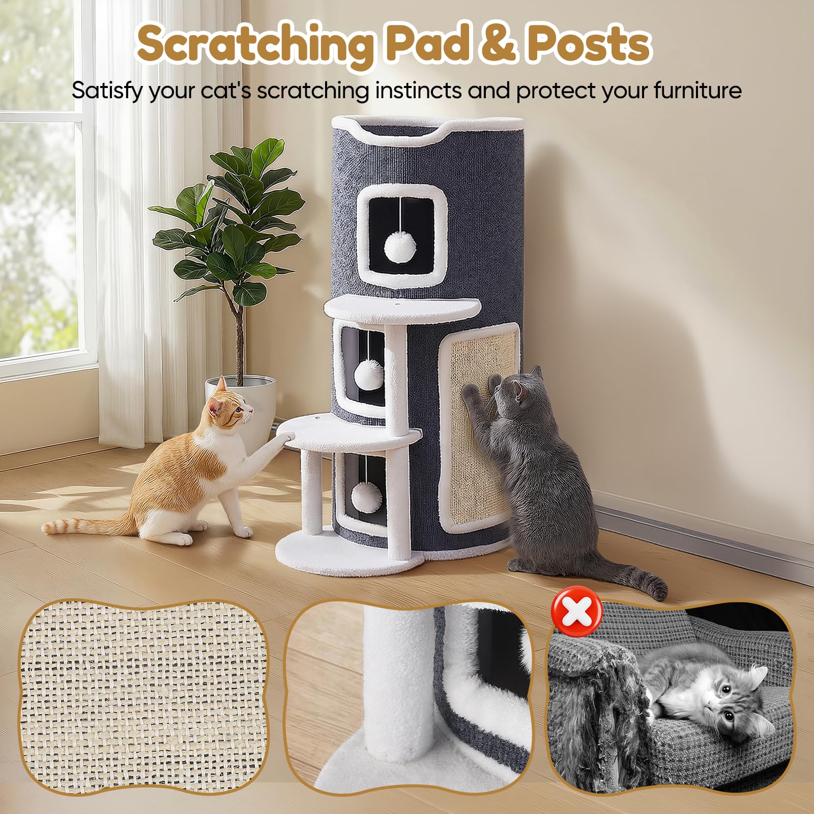 Cueva para Gatos de 4 Niveles, casa para Gatos con Tabla y Plataforma rascadora, 3 Cuevas + Plataforma de observación con 2 Plataformas de transición, Cubo para Gatos con Pelota de Juego, Estable y