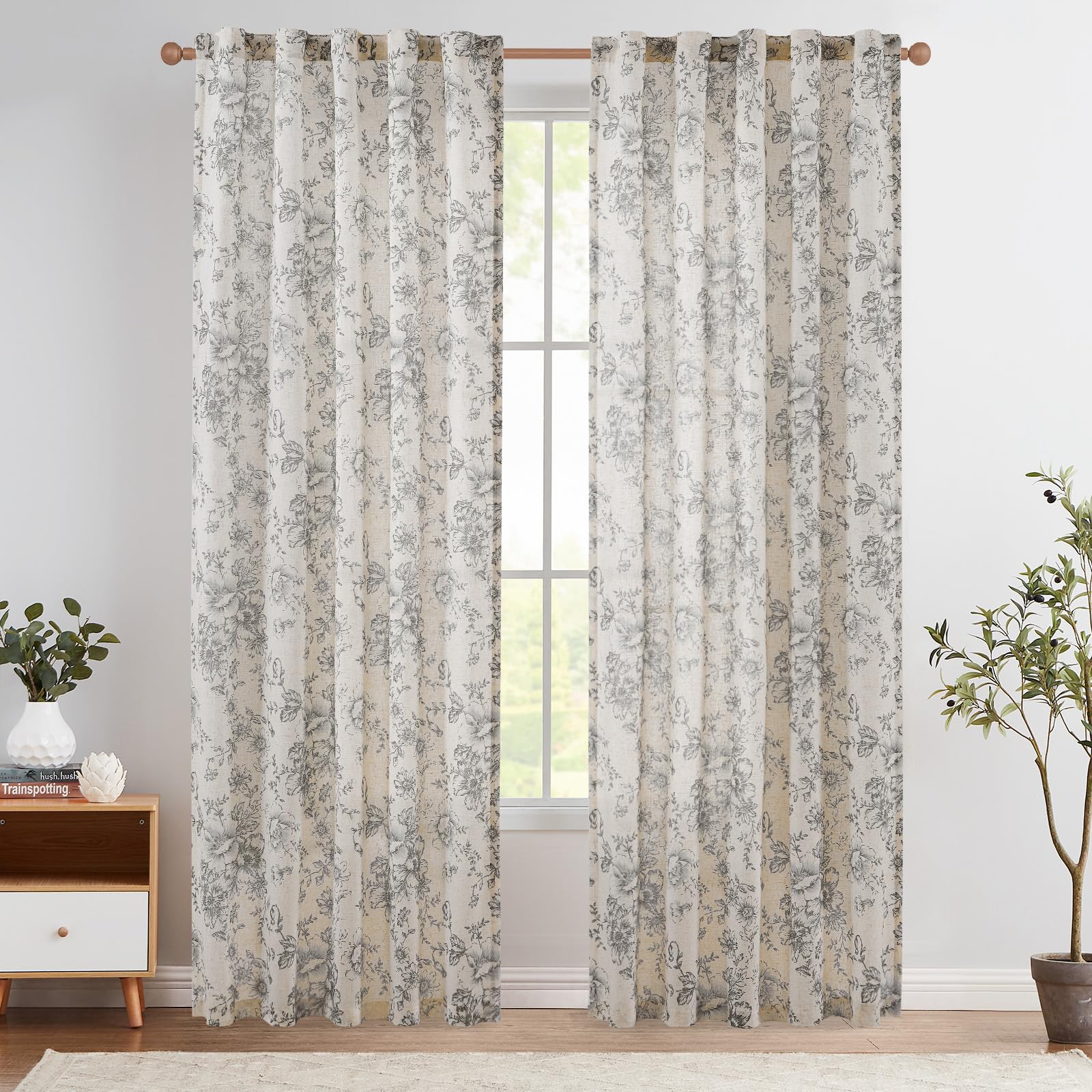 jinchan Linen Blend Curtain Floral Curtains for Living Room 90 Inch Length Grey Printed Curtain Rod Pocket Back Tab Farmhouse Peony Flower Patterned