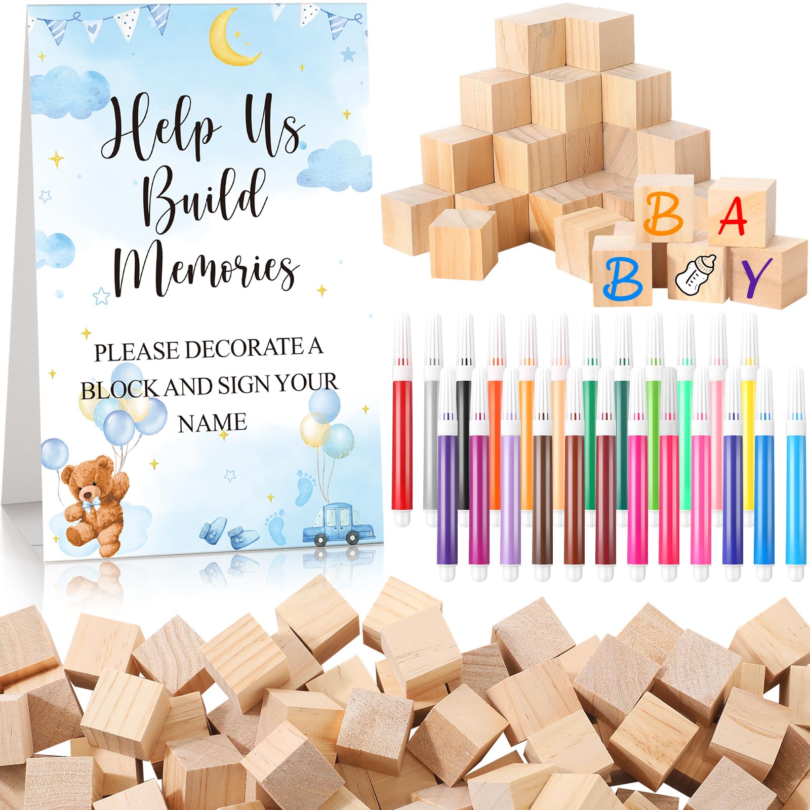 125 Pcs Baby Shower Decorate a Block Game Set Includes Help Us Build Memories Sign 100 DIY Blank Wooden Block 24 Paint Marker Prize for Wedding Baby Shower Game(Bear)