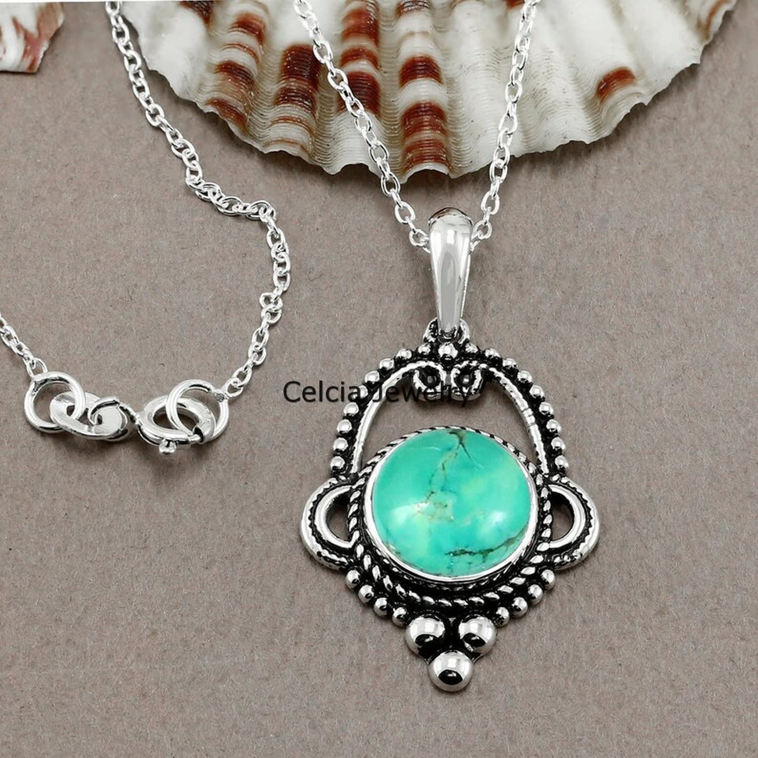 Collana in argento sterling massiccio 925 per donna, pietra preziosa blu turchese rotonda genuina, regalo unico fatto a mano con pietra natale di dicembre per lei