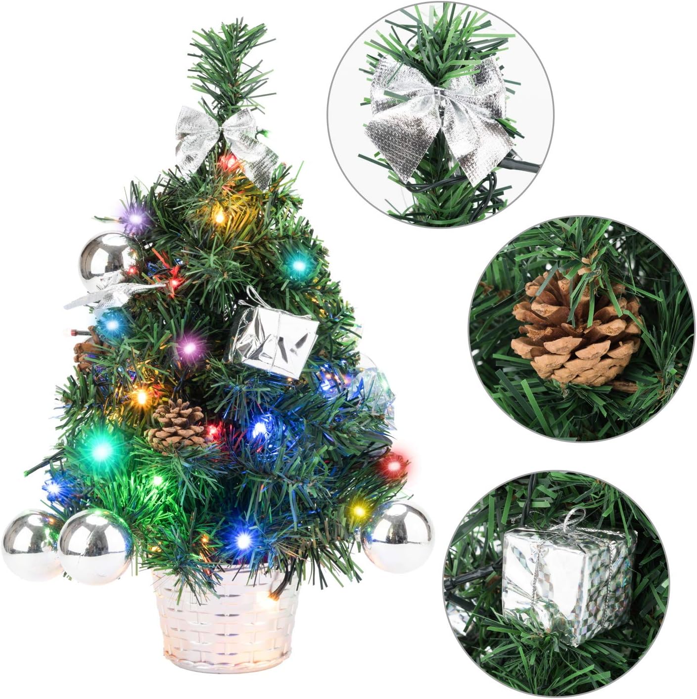 EFORINK Mini Christmas Tree with Lights 18" Prelit Artificial Xmas Tree with 40 LED Lights and Ornaments, Perfect Tabletop Xmas Decoration for Your Home and Office,3AA Battery Operated, 45cm, Silver