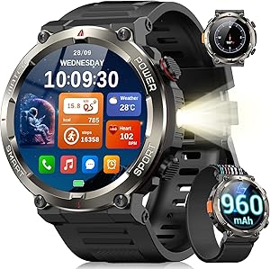 Blackview Military Smart Watch for Men (Answer/Make Calls), 1.45″ Fitness Tracker with 100-Day Battery/Flashlight/Compass/Heart Rate/SpO2/Sleep, 150+ Sports IP68 Waterproof Smartwatch for iOS Android