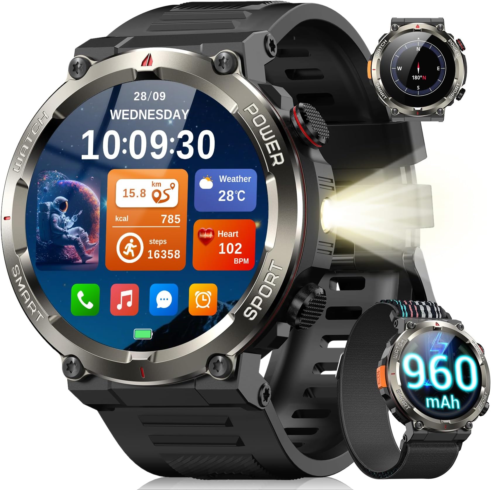 Blackview Military Smart Watch for Men (Answer/Make Calls), 1.45" Fitness Tracker with 100-Day Battery/Flashlight/Compass/Heart Rate/SpO2/Sleep, 150+ Sports IP68 Waterproof Smartwatch for iOS Android