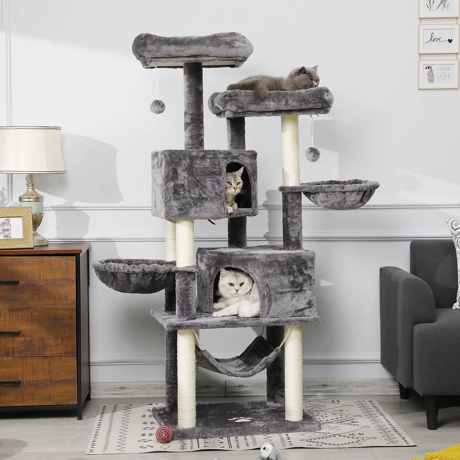 MSmask Grande albero tiragraffi per gatti, robusto, con grande grotta e pali in sisal naturale