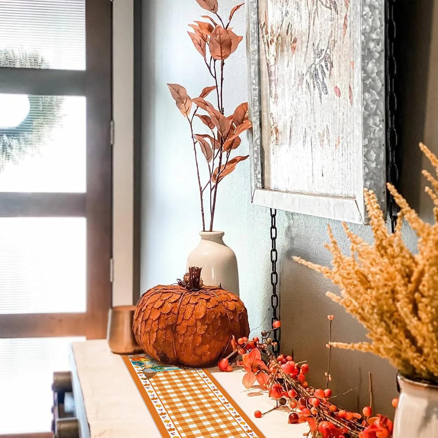 Hexagram Fall Table Runner 72 Inch, Gnomes Pumpkin Truck Burlap Table Runners, Maple Leaves Orange White Check Small Fall Dining Coffee Dresser Scarves Table Cloth Decor for Home Dining Room Parties : Home & Kitchen