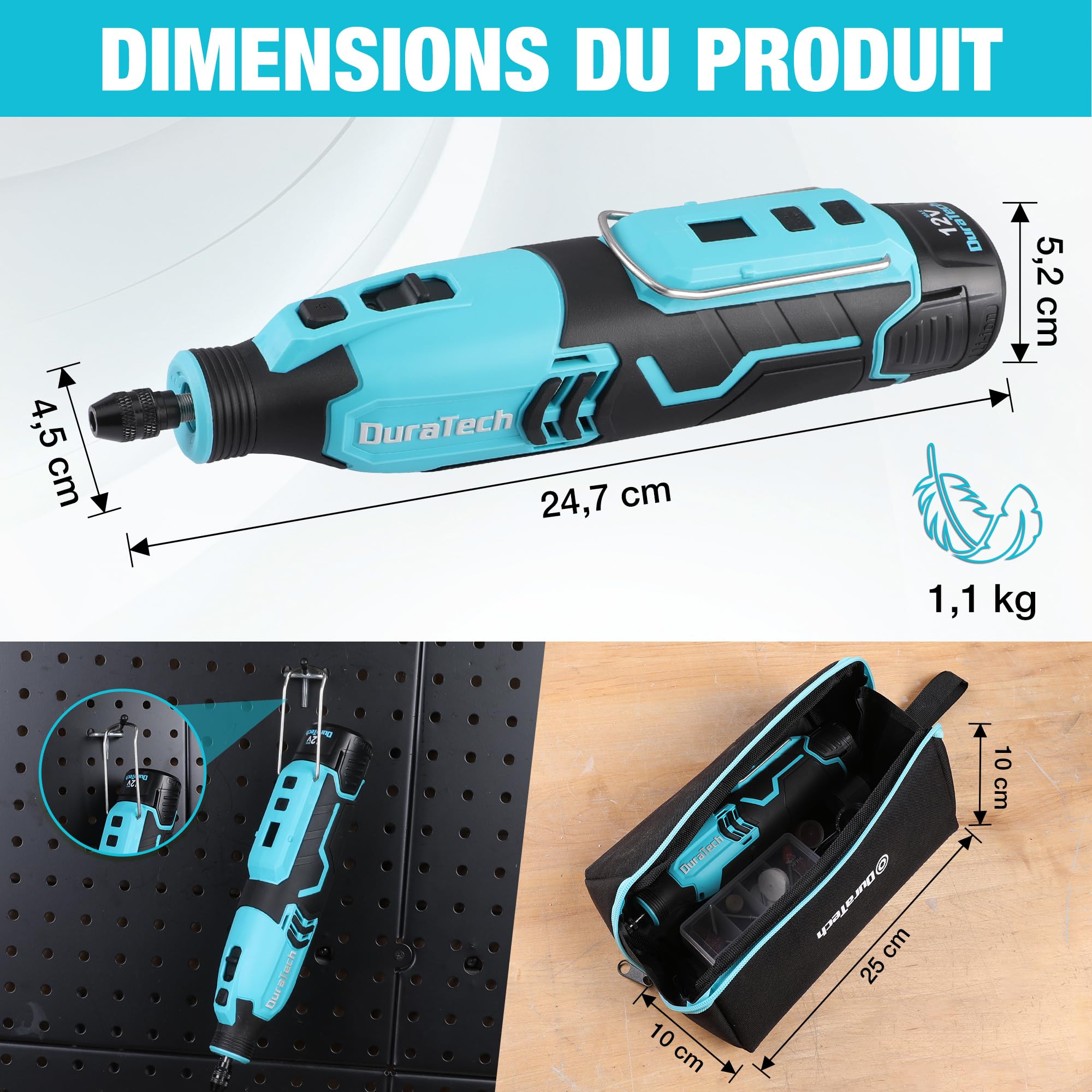 DURATECH Outil Rotatif Multifonction sans Fil 12V avec 118 Accessoires | 7 Réglages de Vitesse Variable 5000-35000 tr/min, pour Meuler, Couper, Percer, Polir, Nettoyer, Graver