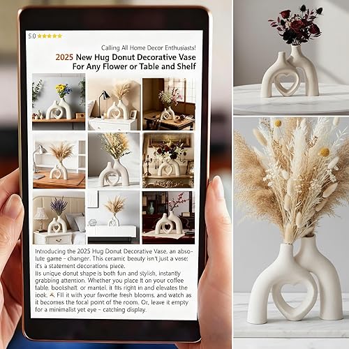 Miniatura 2 de Snuggle - Jarrón de cerámica con forma de dona hueca, 8.3 pulgadas, moderno, nórdico, bohemio, estético, floreros decorativos para decoración del