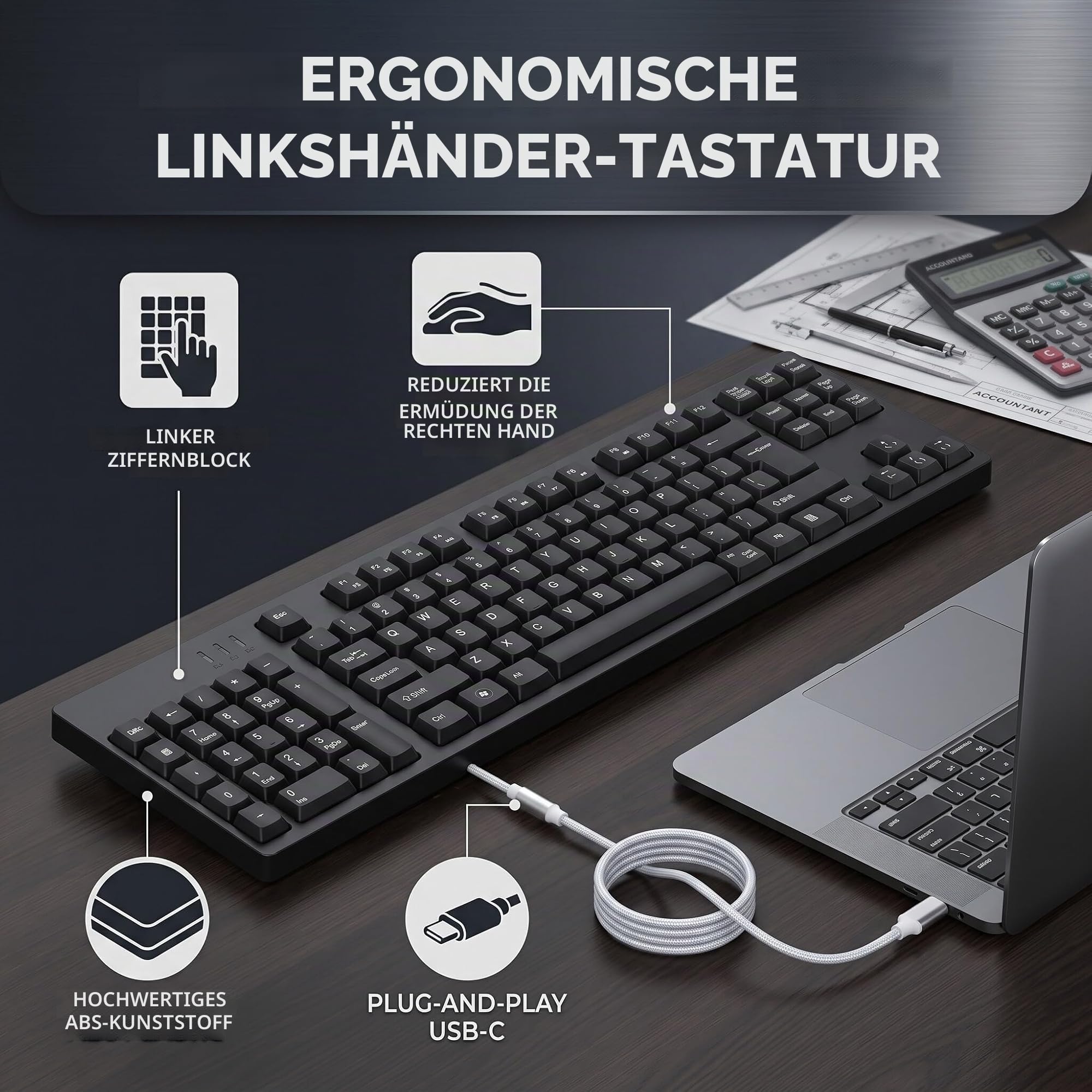 Greensen Linkshänder-Tastatur, Ergonomische Bürotastatur mit 109 Tasten, Micro-USB-Design für Geschäftsbuchhaltung und Designer (US-Layout, englische Tastatur)