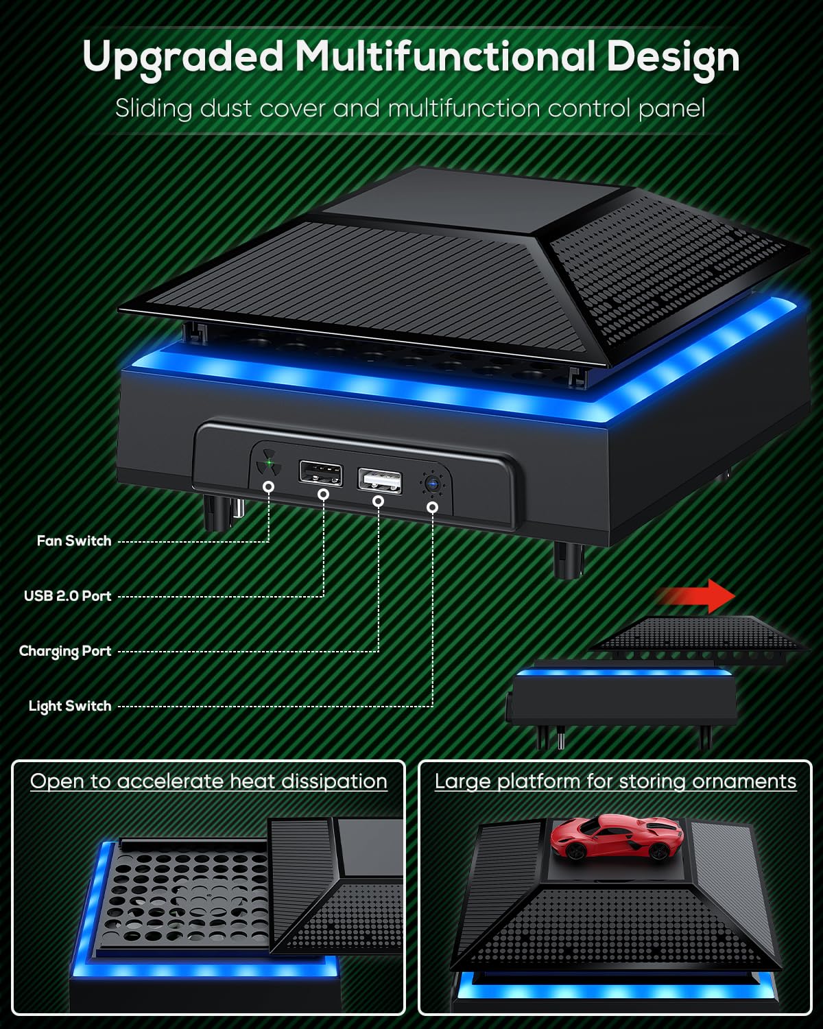 Ventola di raffreddamento RGB per Xbox Series X con filtro antipolvere e 7 modalità di luce LED RGB, velocità della ventola automatica regolabile in base alla temperatura, interruttore touch