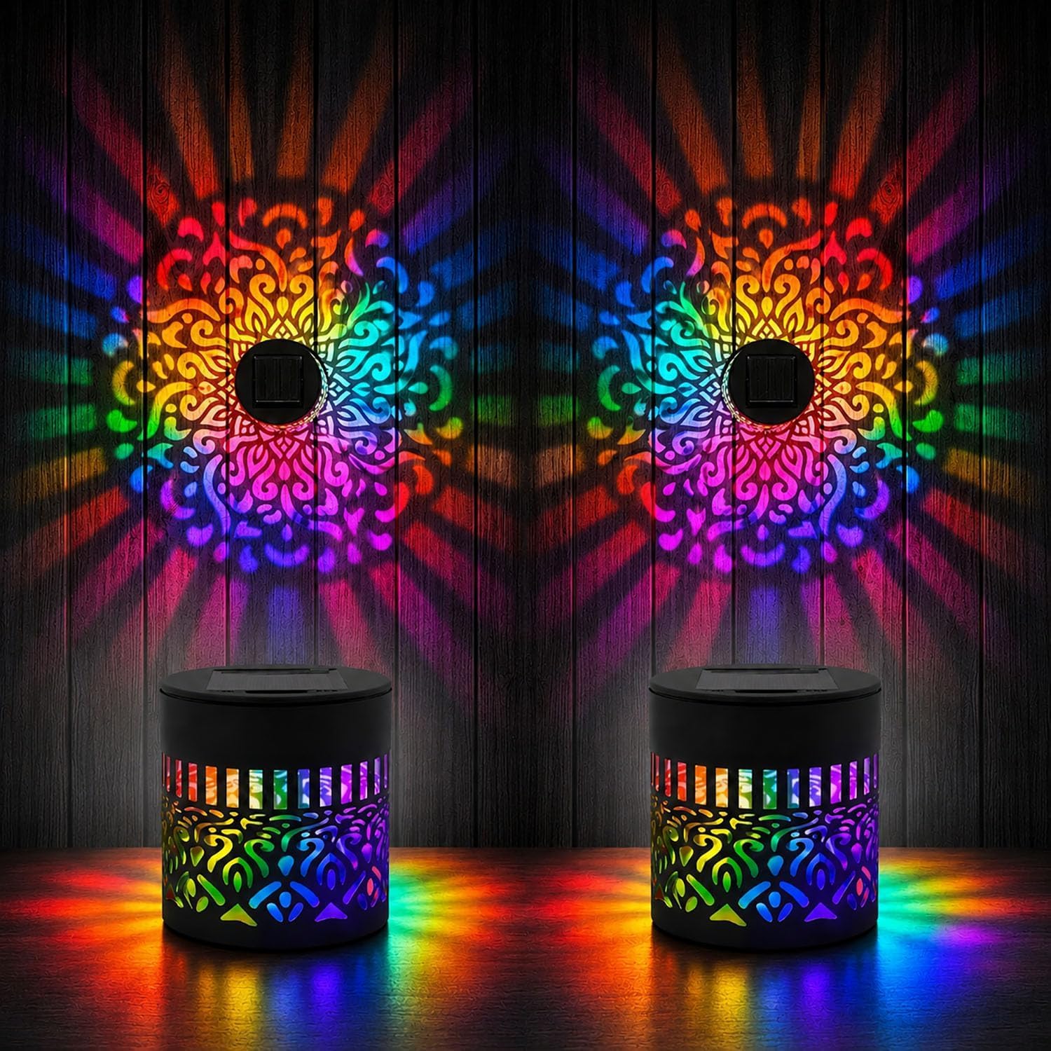 Solar Mandala Wall Lights Seven-Color Changing Decorative Solar Mandala Projection Lamp Outdoor Waterproof Metal Fence Light for Yard Garden Patio (2pcs)