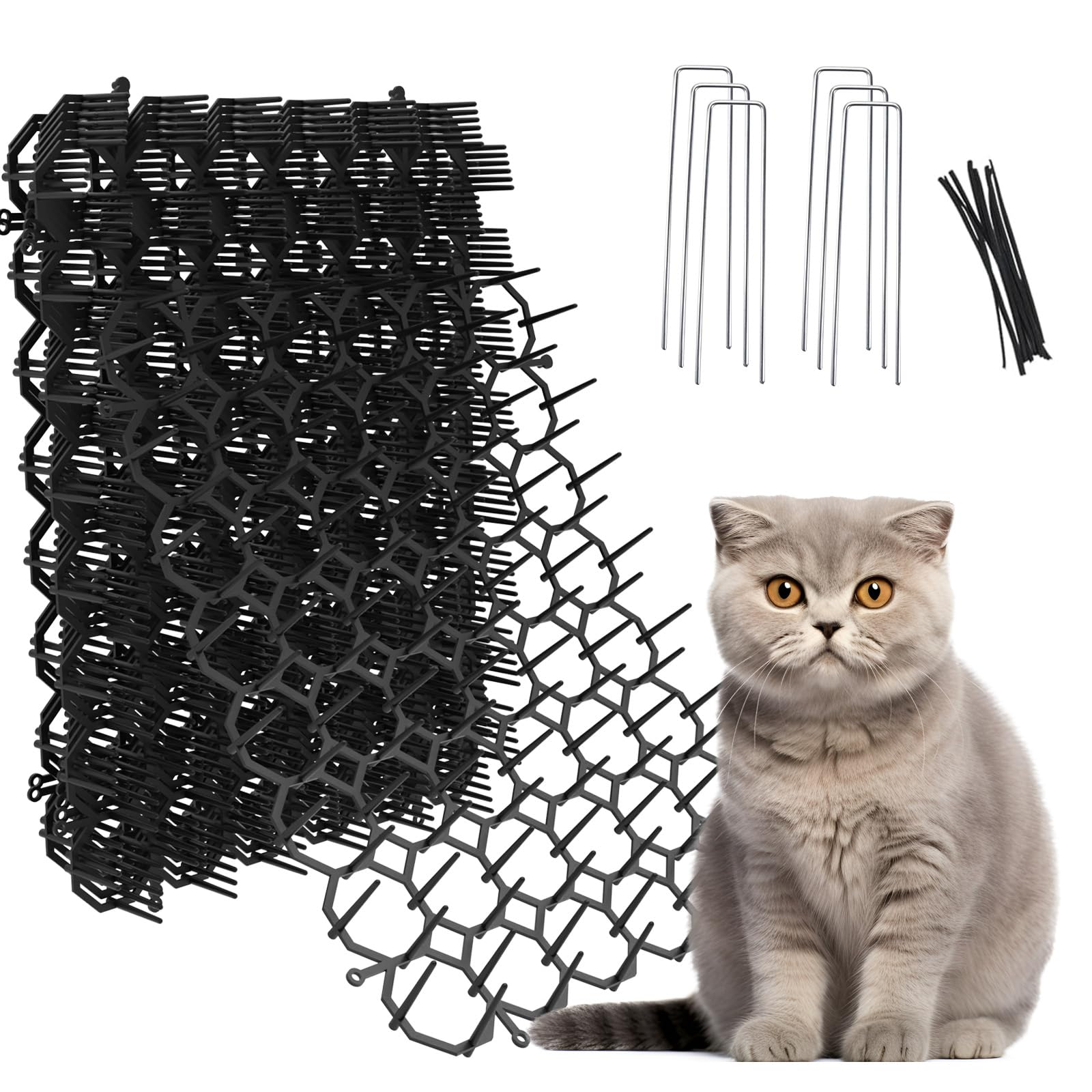 Cat Deterrent Mat 12 Pack, Black Cat Spike Mats 16 x 21cm, Humane Plastic Cat Repellent Mats for Sofa Furniture Garden, with Ground Stakes & Cable Ties